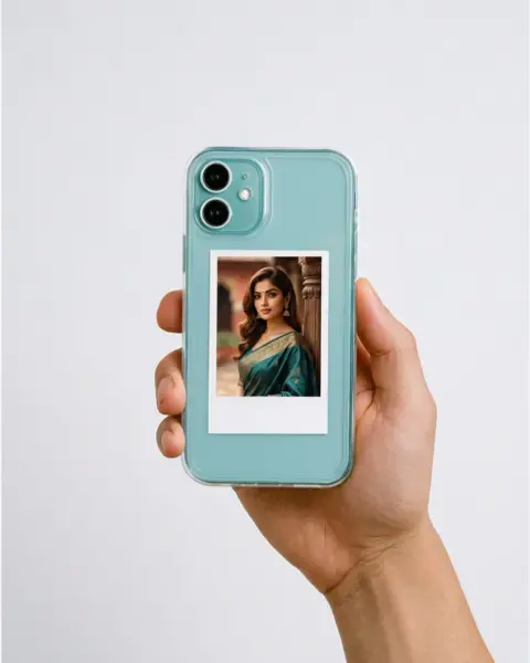 Polaroid portrait in a saree tucked into a clear phone case
