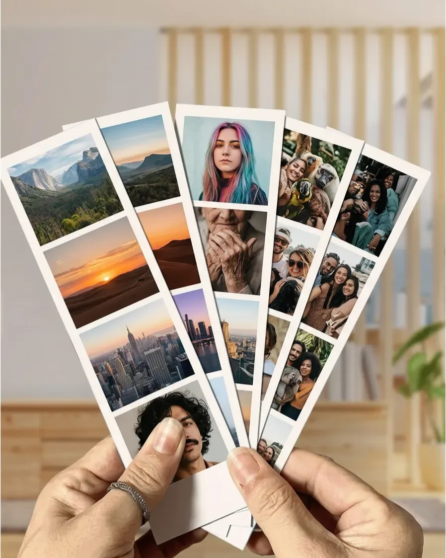 Photo strips of landscapes and portraits fanned out in a hand