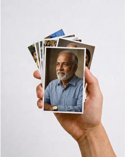 Stack of 4 × 6 family portraits held in one hand
