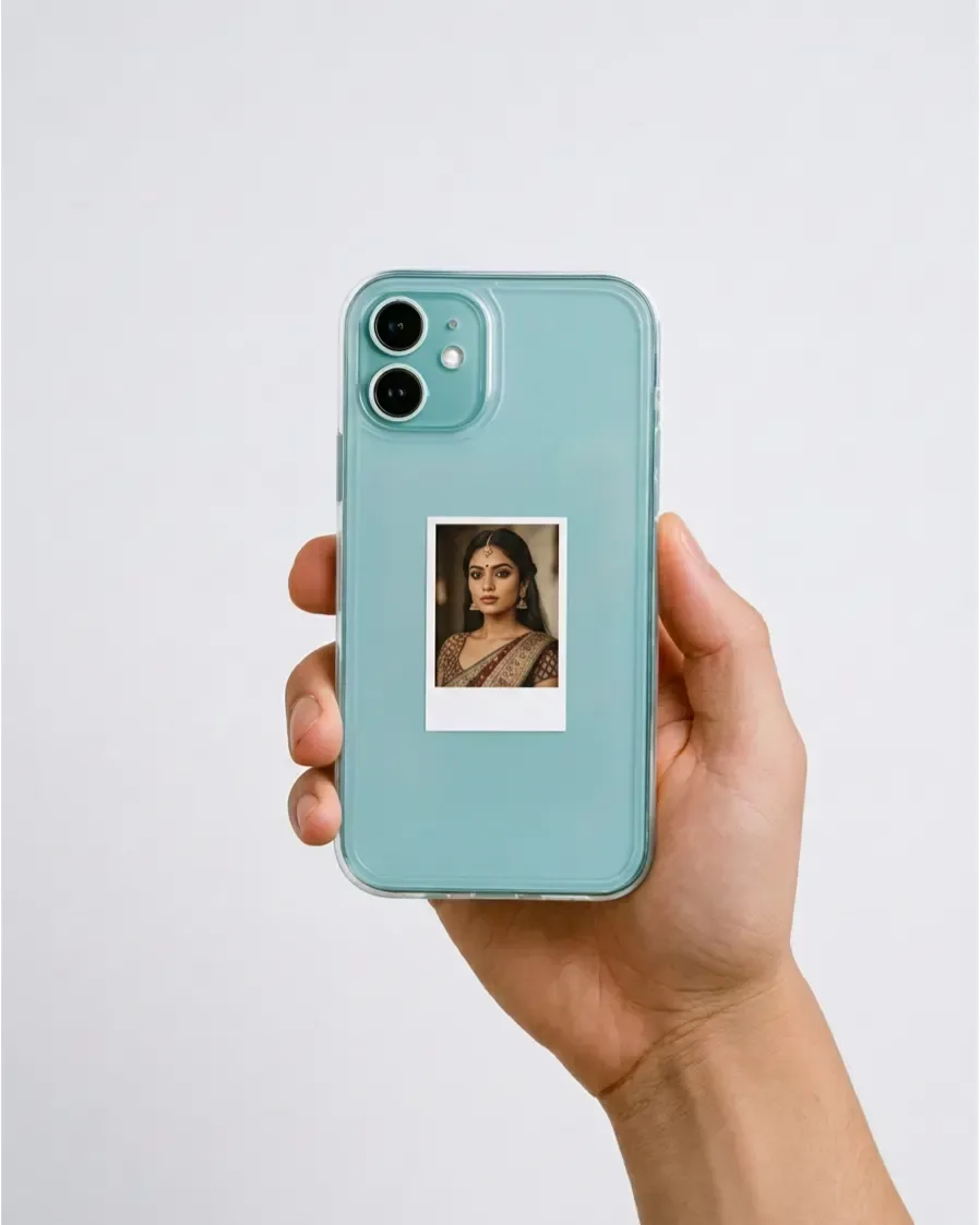 Micro polaroid portrait tucked into a clear phone case