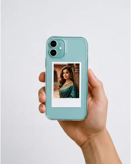 Polaroid portrait in a saree tucked into a clear phone case