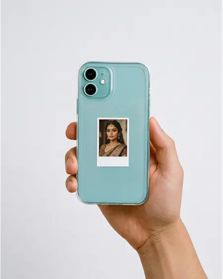 Micro polaroid portrait tucked into a clear phone case