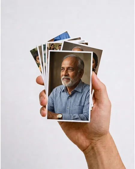 Stack of 4 × 6 family portraits held in one hand
