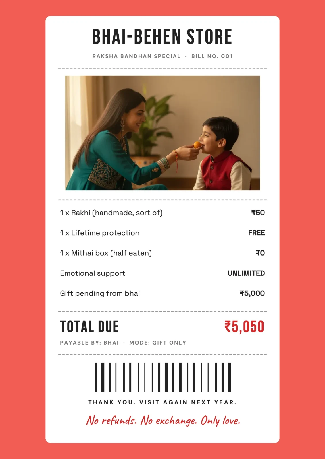 Rakhi Receipt postcard