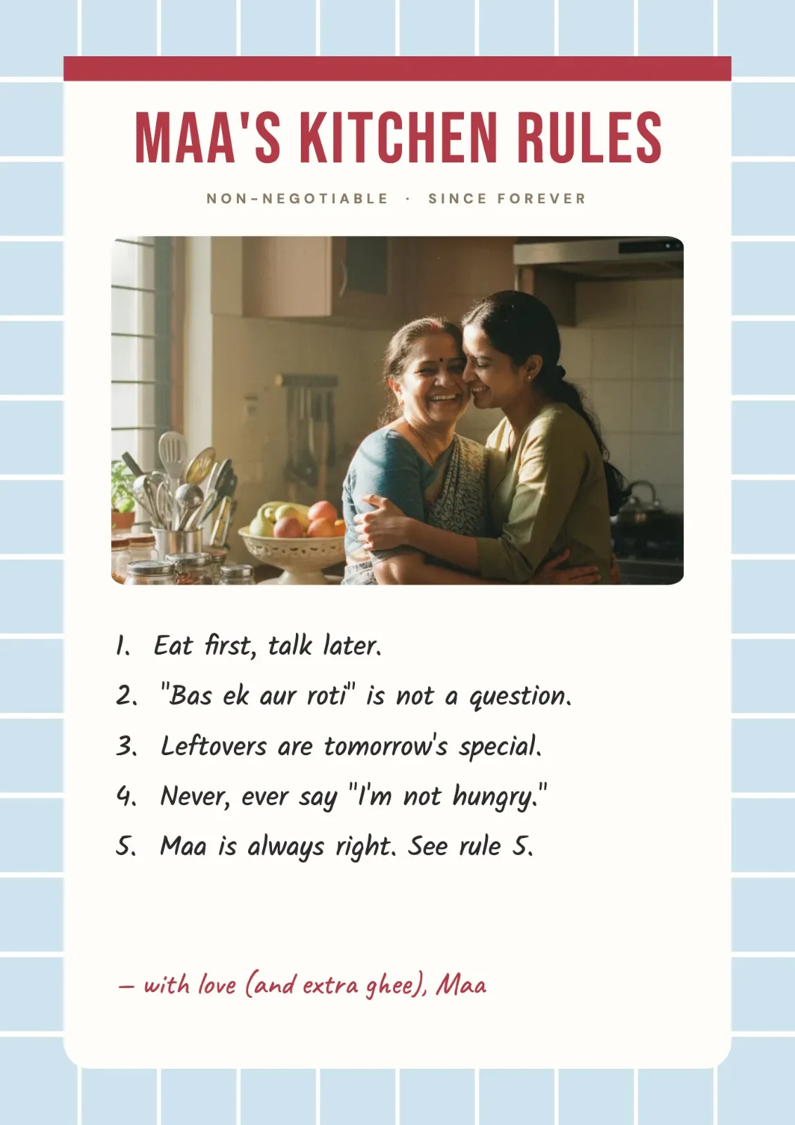 Maa's Kitchen Rules postcard
