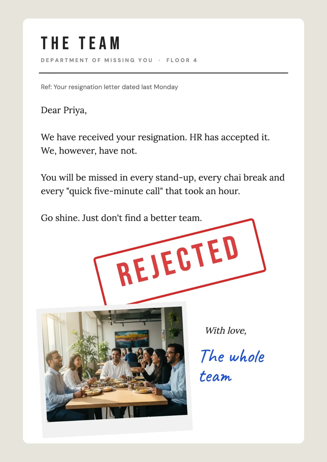 Resignation Rejected postcard