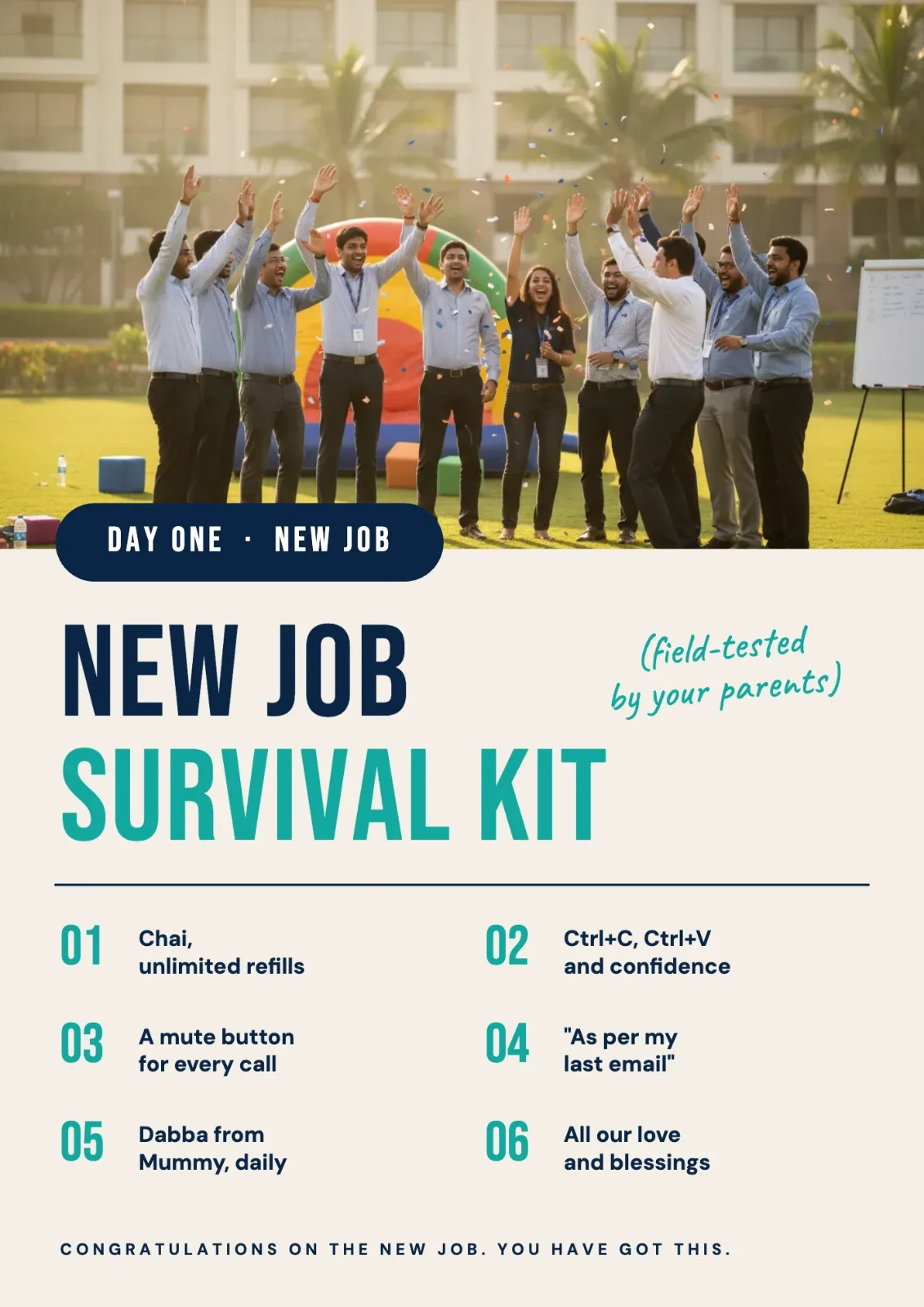 New Job Survival Kit postcard