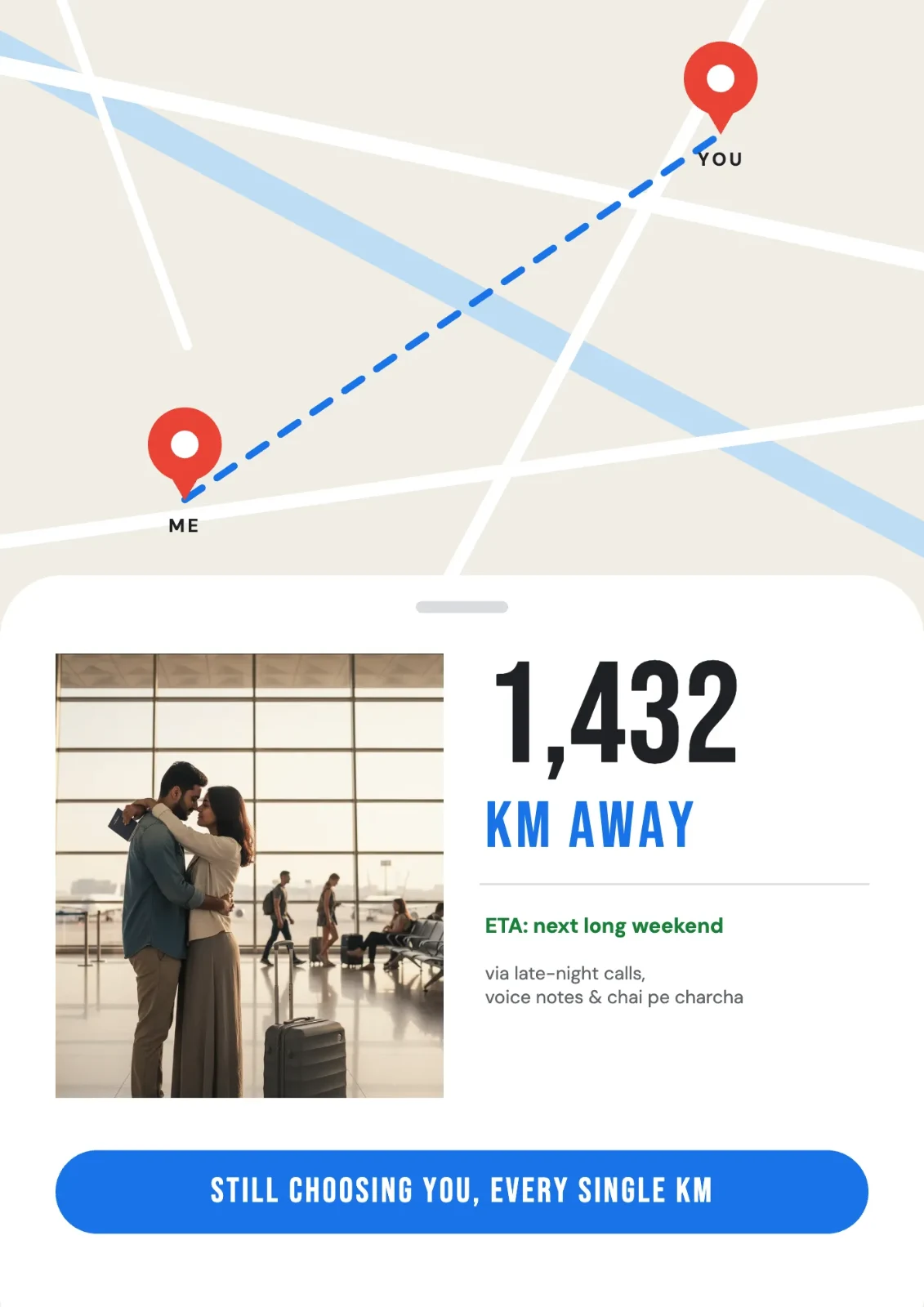 1432 KM Away postcard