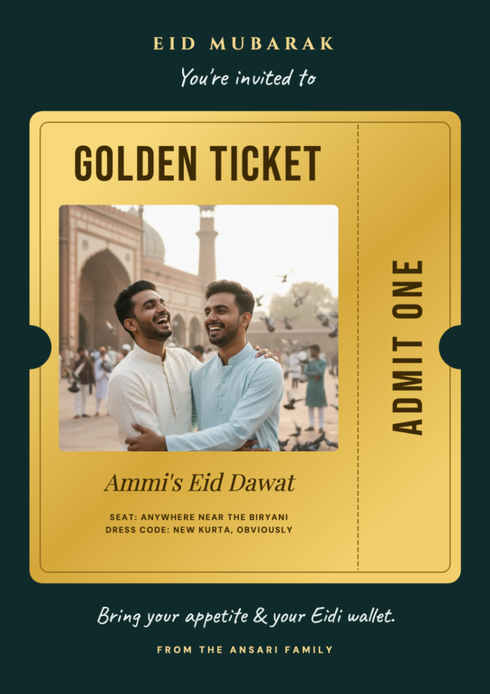 Eid Golden Ticket postcard