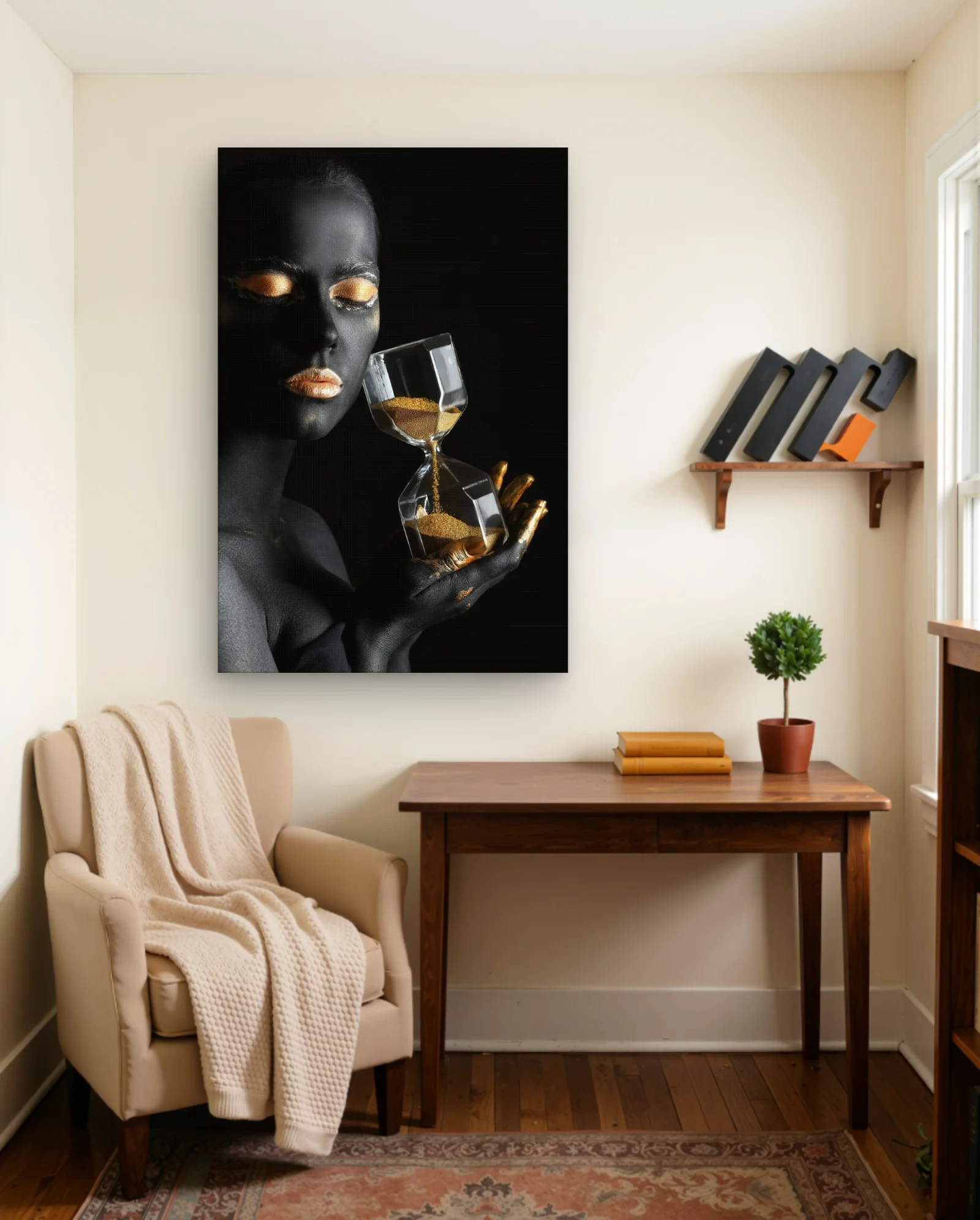 Black Bodypaint Gold Makeup Hourglass Wall Art — framed wall art poster by Memocult