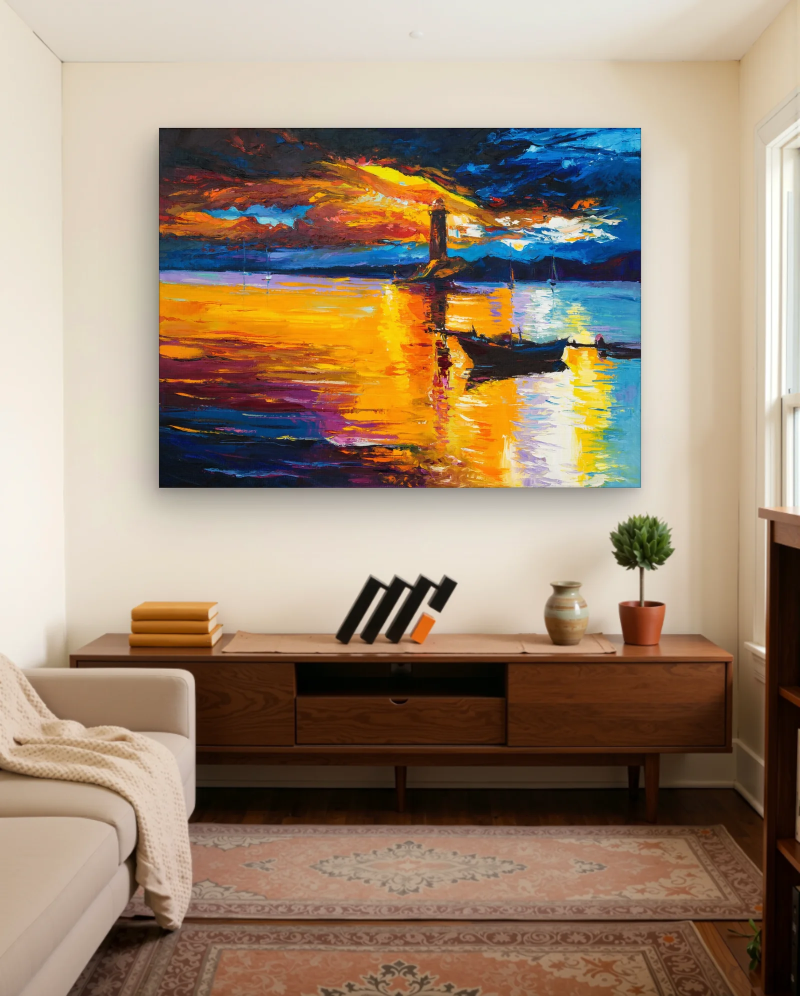 Lighthouse Sunset With Boats Wall Art — framed wall art poster by Memocult