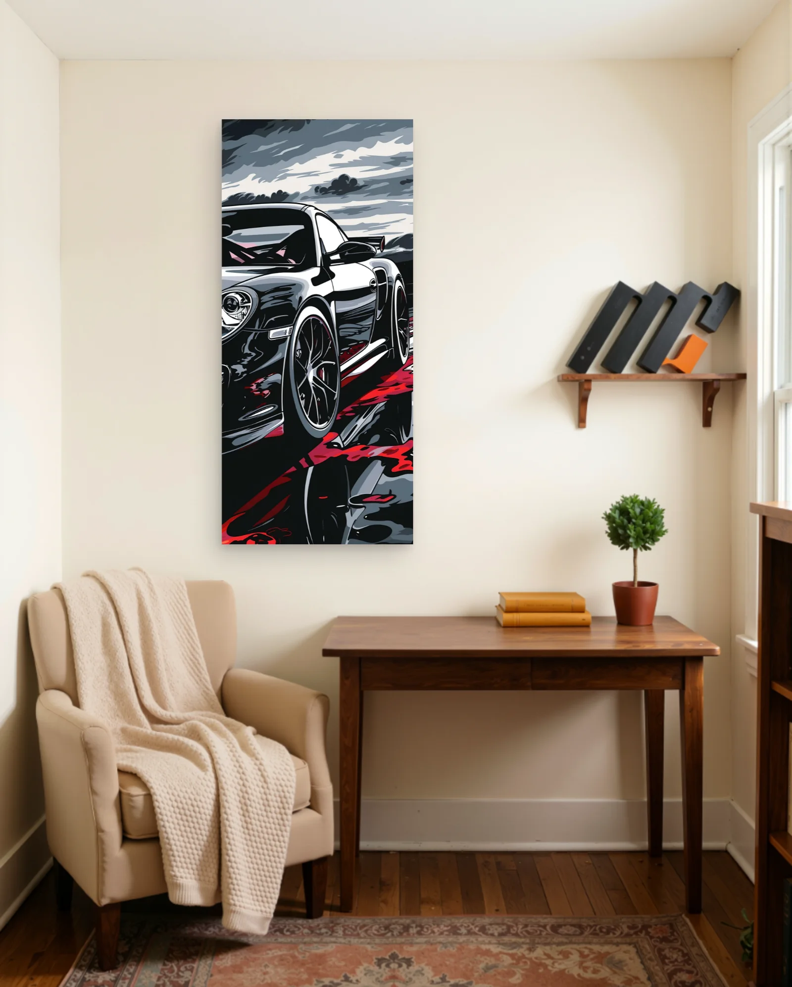 Porsche 911 Turbo S Red Splatter Poster — framed wall art poster by Memocult