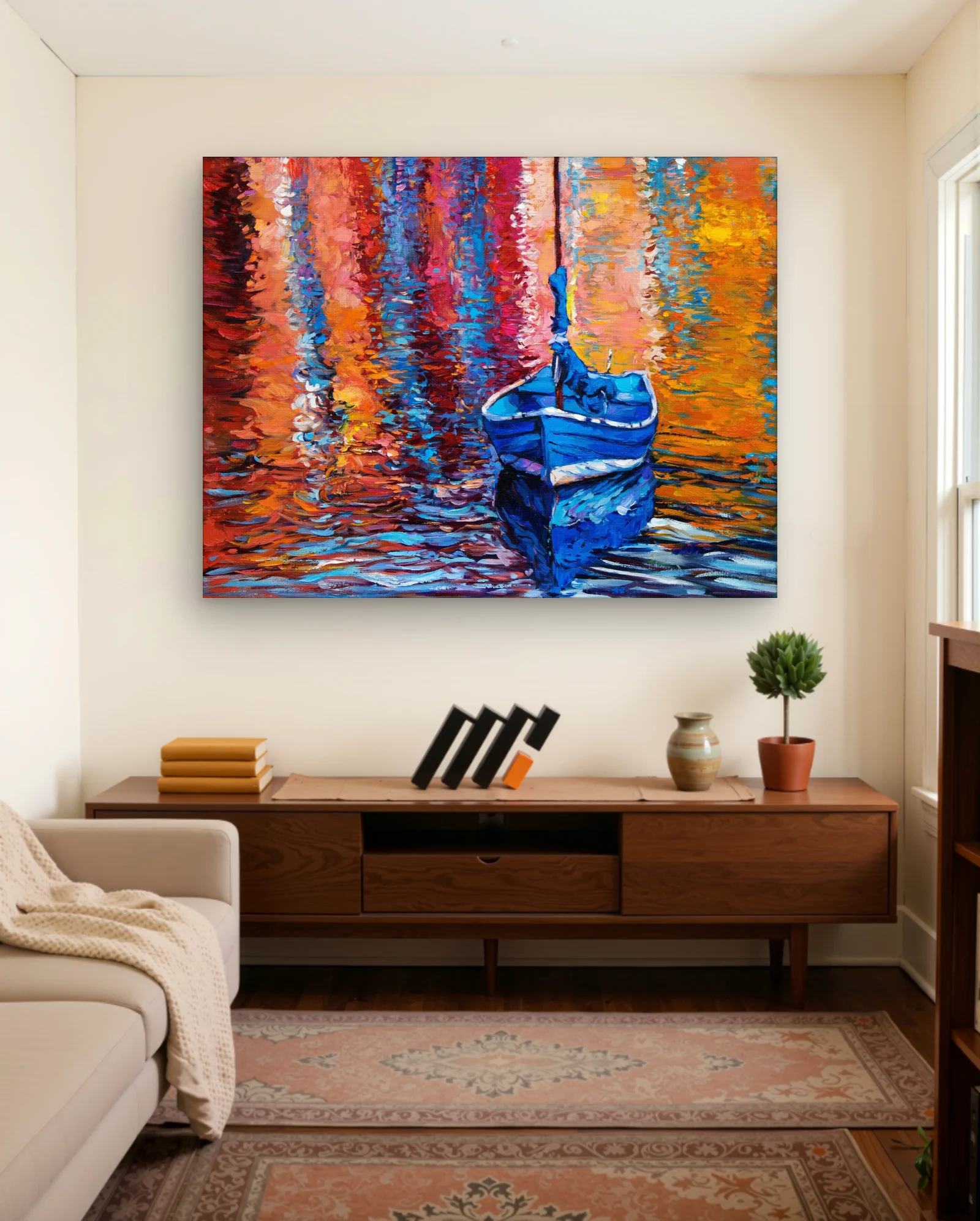 Blue Rowboat Sunset Reflections Wall Art — Abstract abstract & modern wall art poster