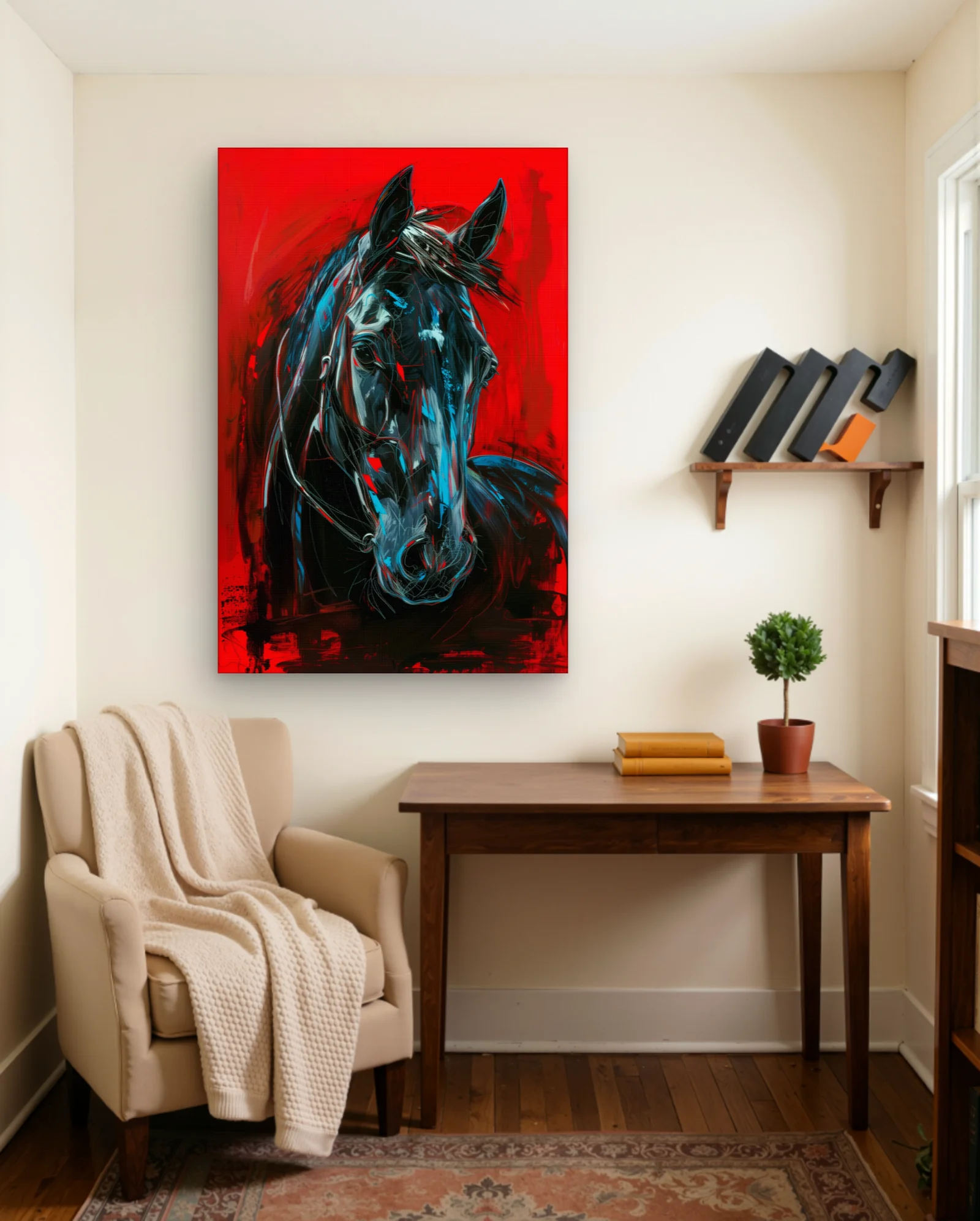 Black Horse Head Neon Red Cyan Wall Art — framed wall art poster by Memocult