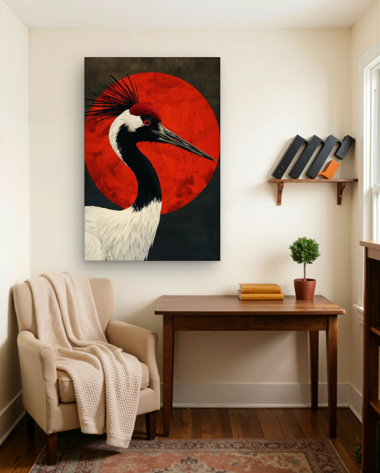 Red Crowned Crane With Red Sun Art Print — framed wall art poster by Memocult