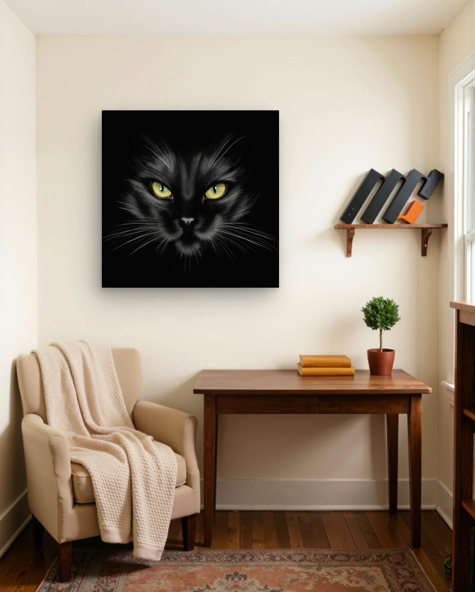 Black Cat With Yellow Eyes Wall Art — framed wall art poster by Memocult