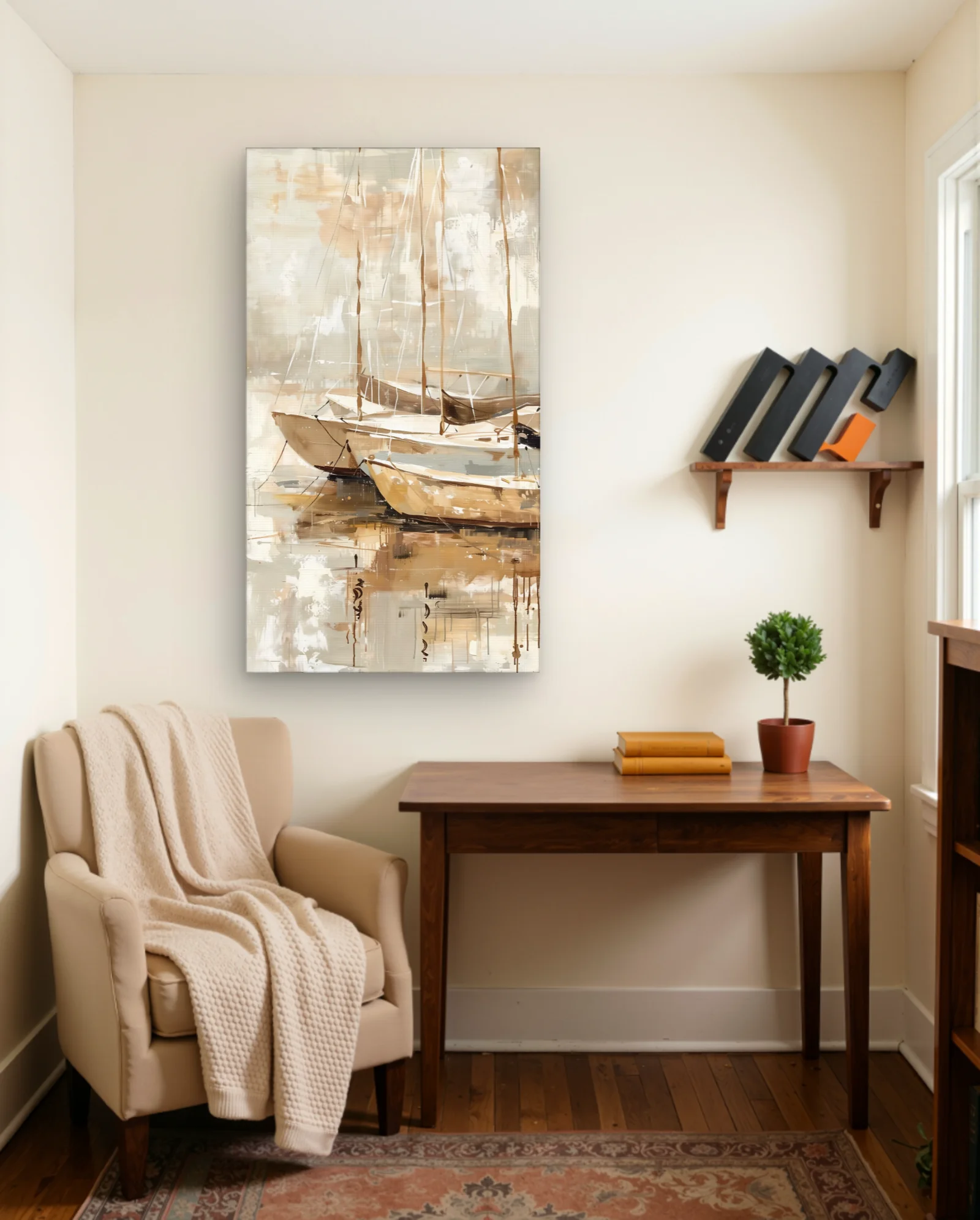 Beige Sailboats Tall Masts Wall Art — framed wall art poster by Memocult