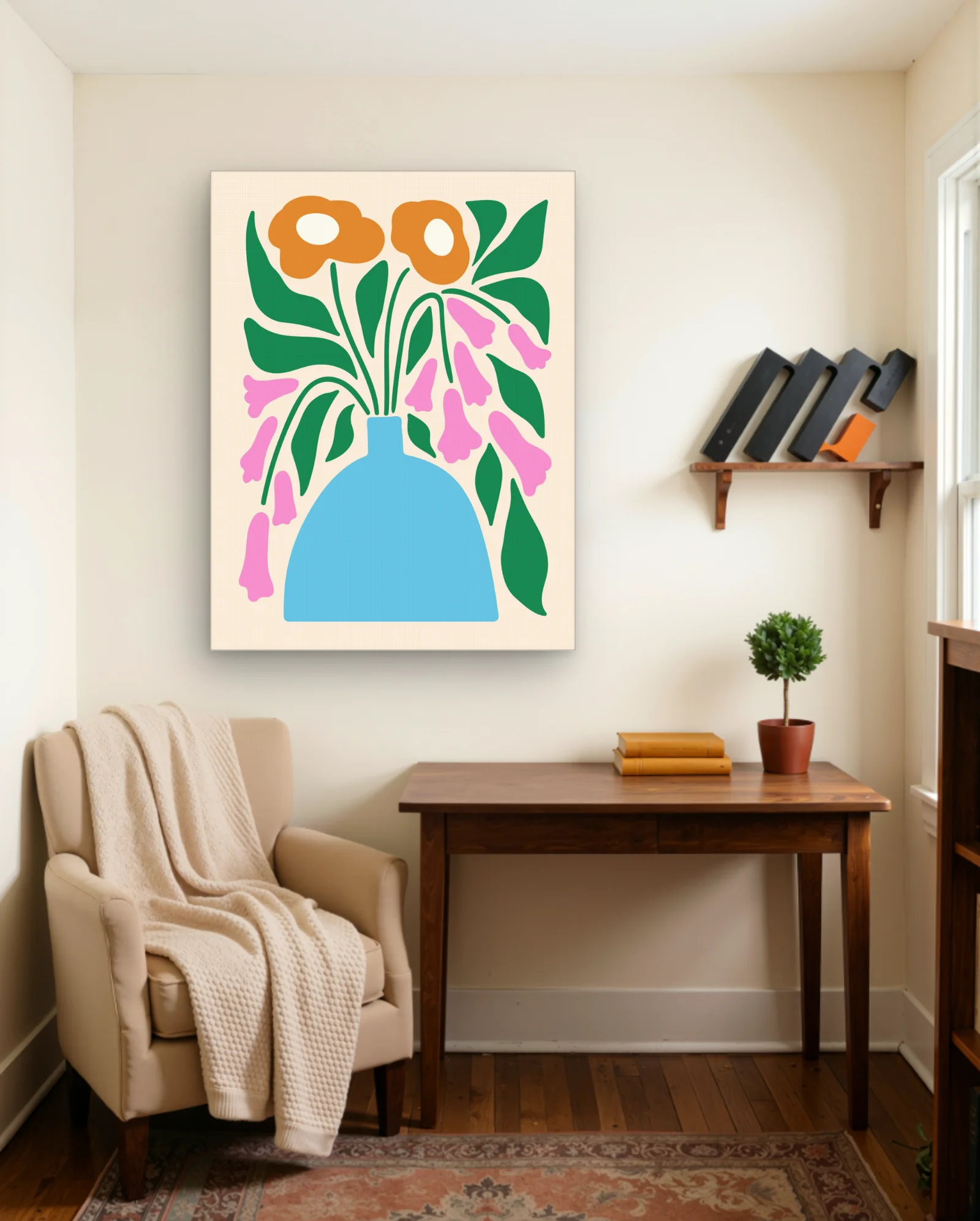 Blue Vase Orange Poppies Pink Bells Wall Art — framed wall art poster by Memocult