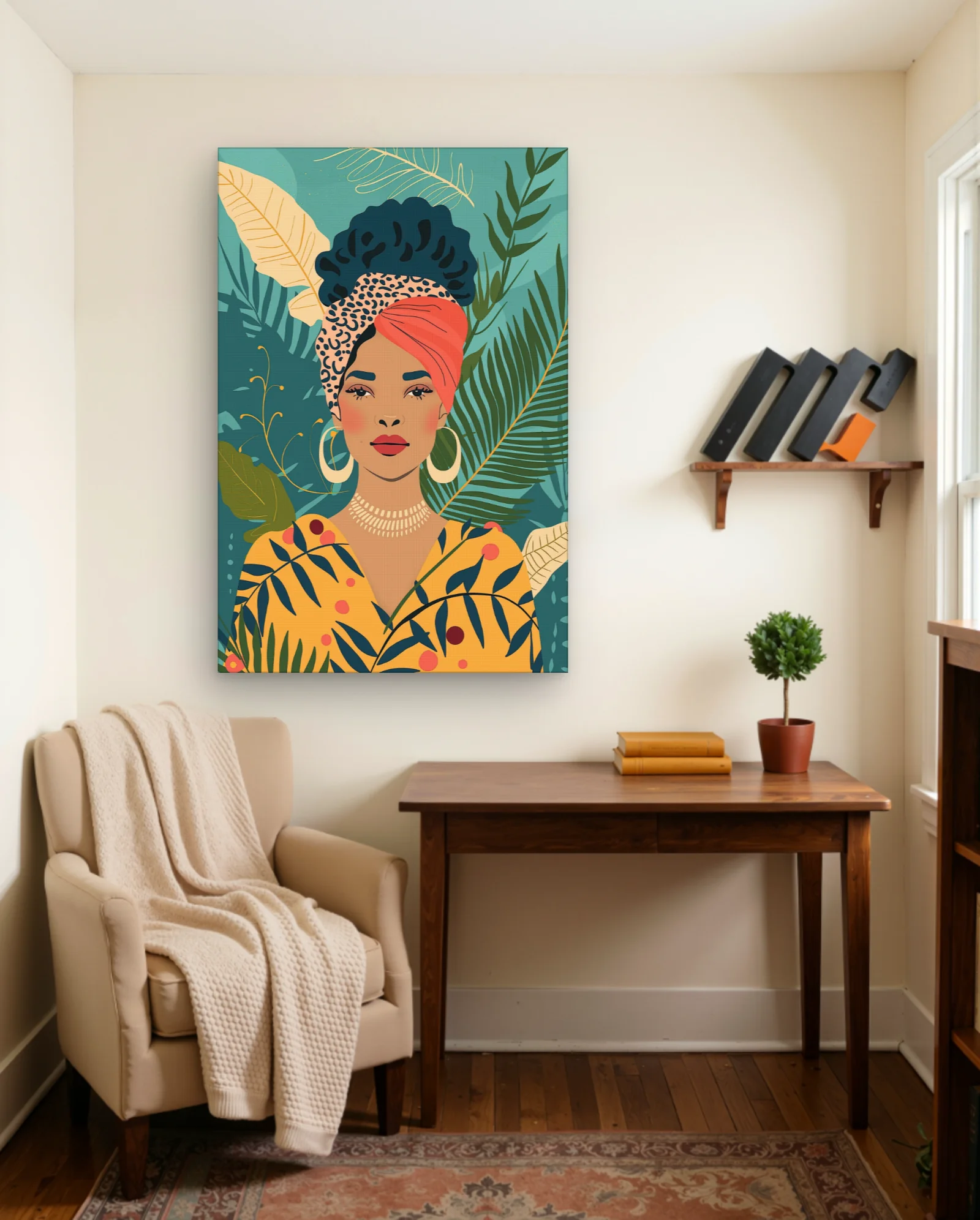Woman With Coral Leopard Headwrap Wall Art — Modern Digital Art abstract & modern wall art poster