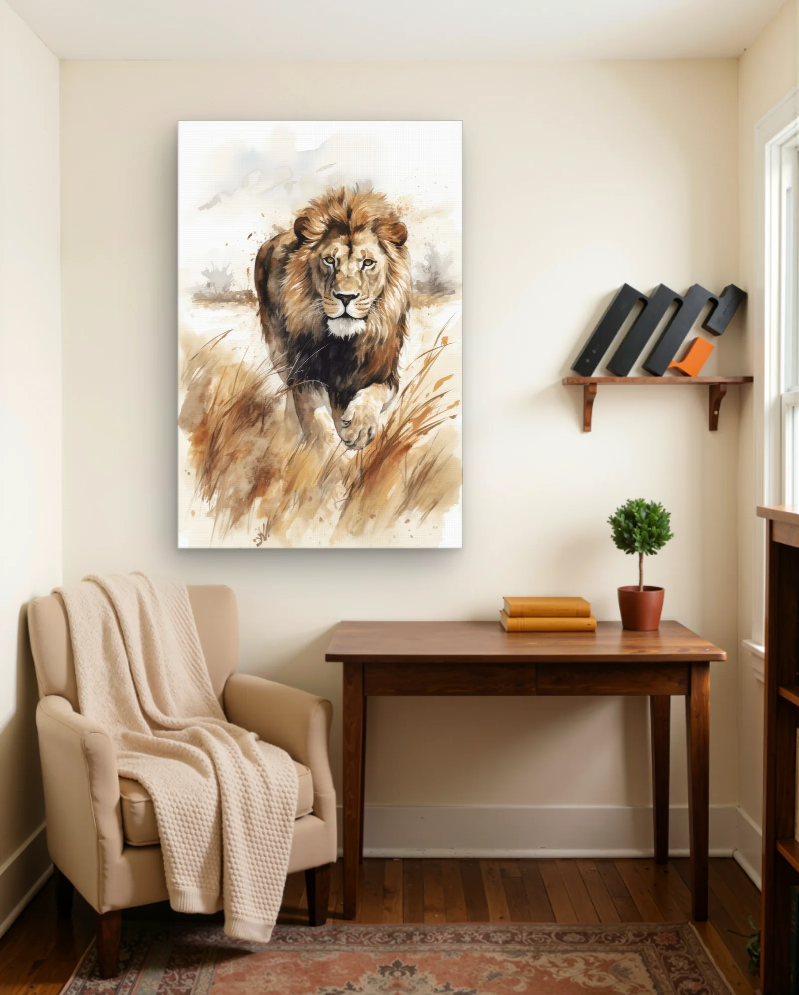 Lion Walking Through Tall Grass Wall Art — framed wall art poster by Memocult