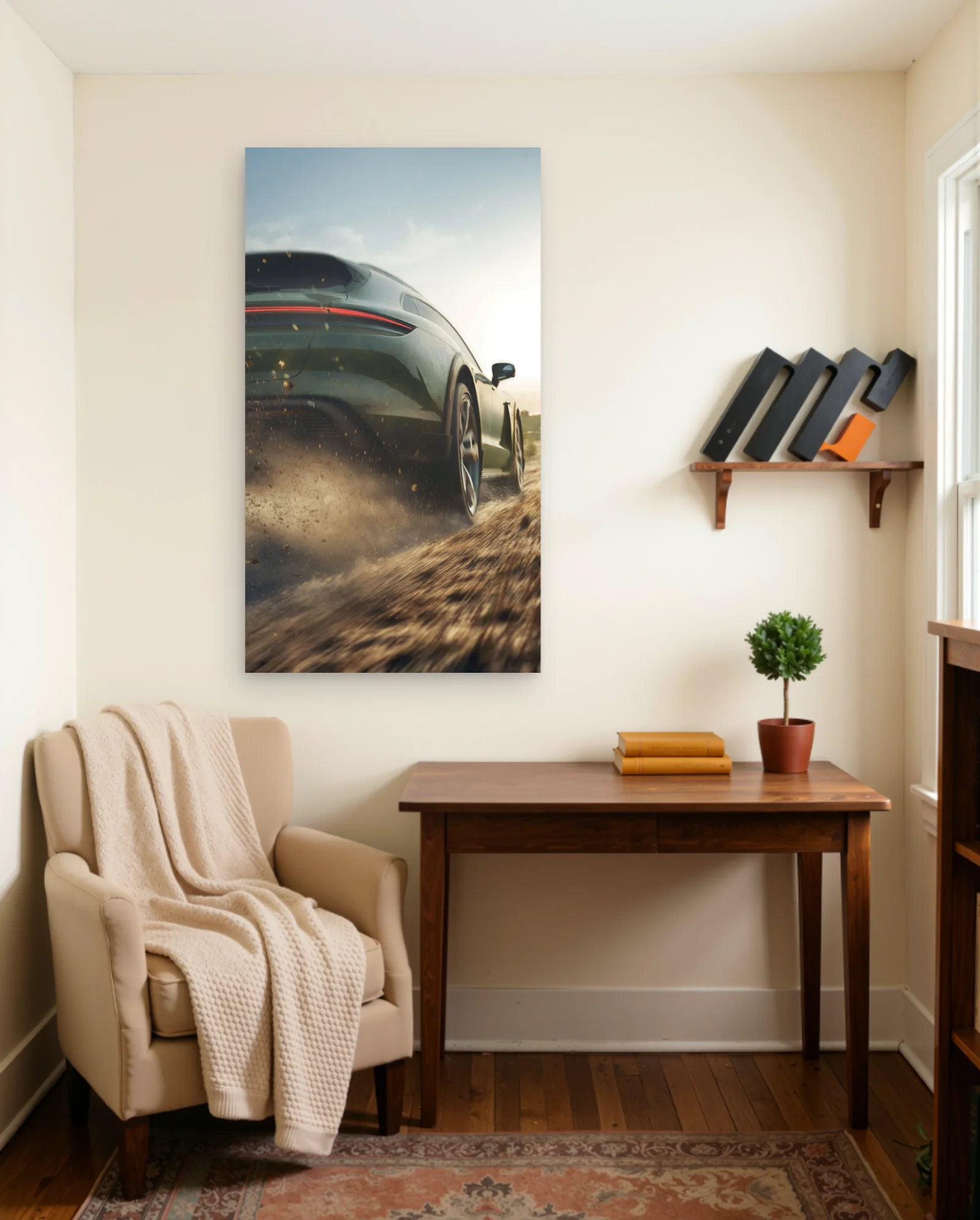 Green Porsche Taycan Drifting Poster — framed wall art poster by Memocult