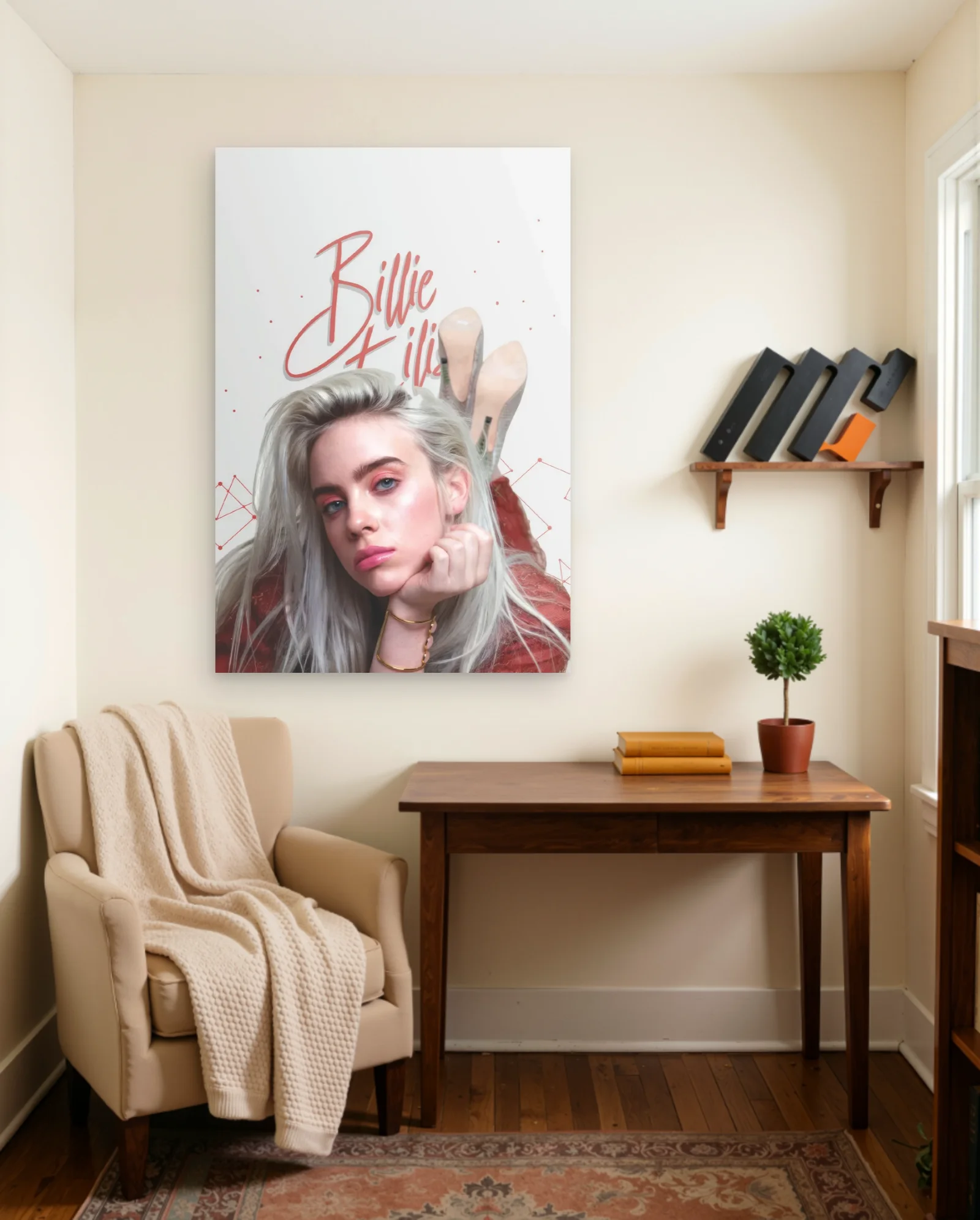 Billie Eilish Red Script Poster — framed wall art poster by Memocult