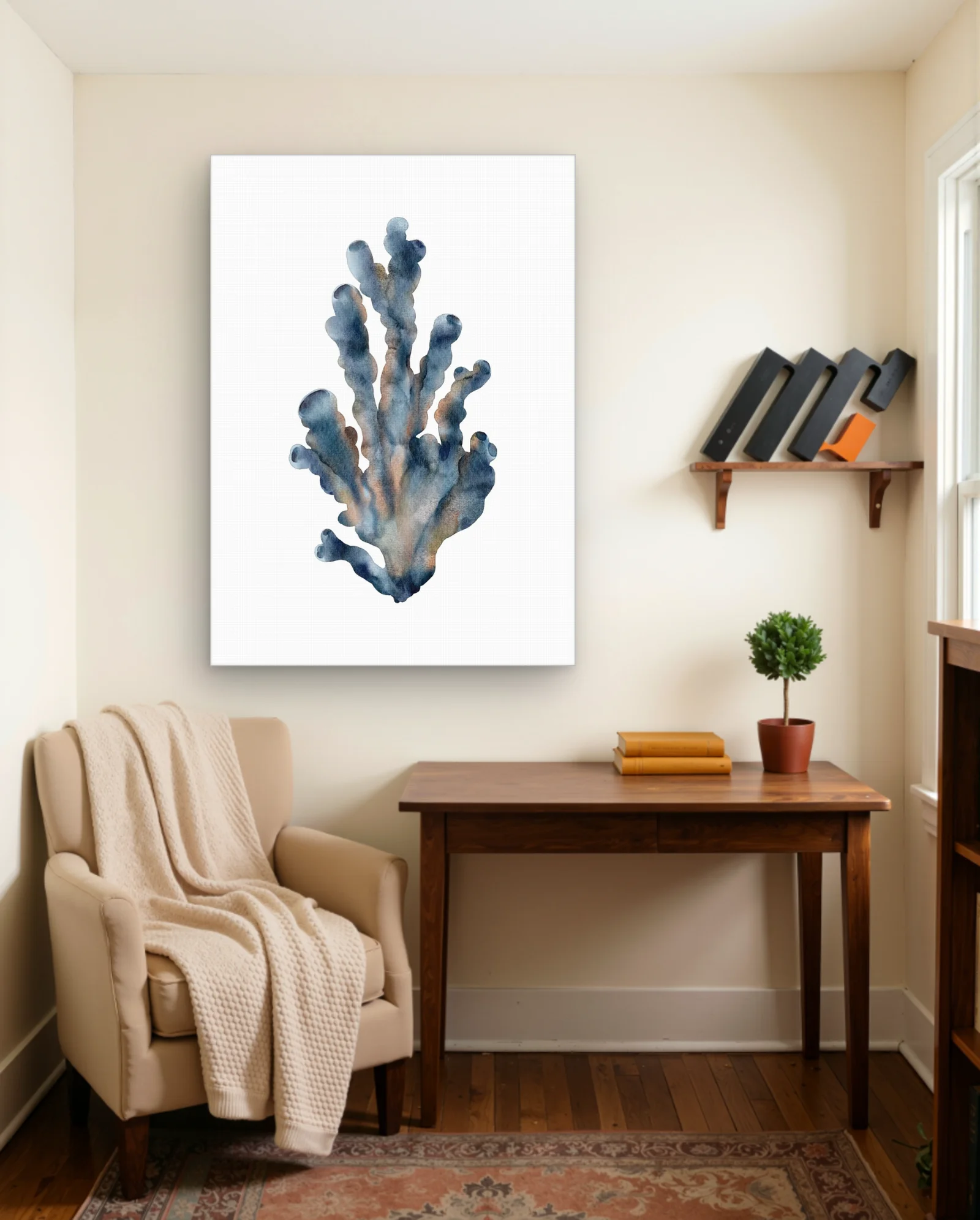 Blue Coral Branch Watercolor Wall Art — framed wall art poster by Memocult