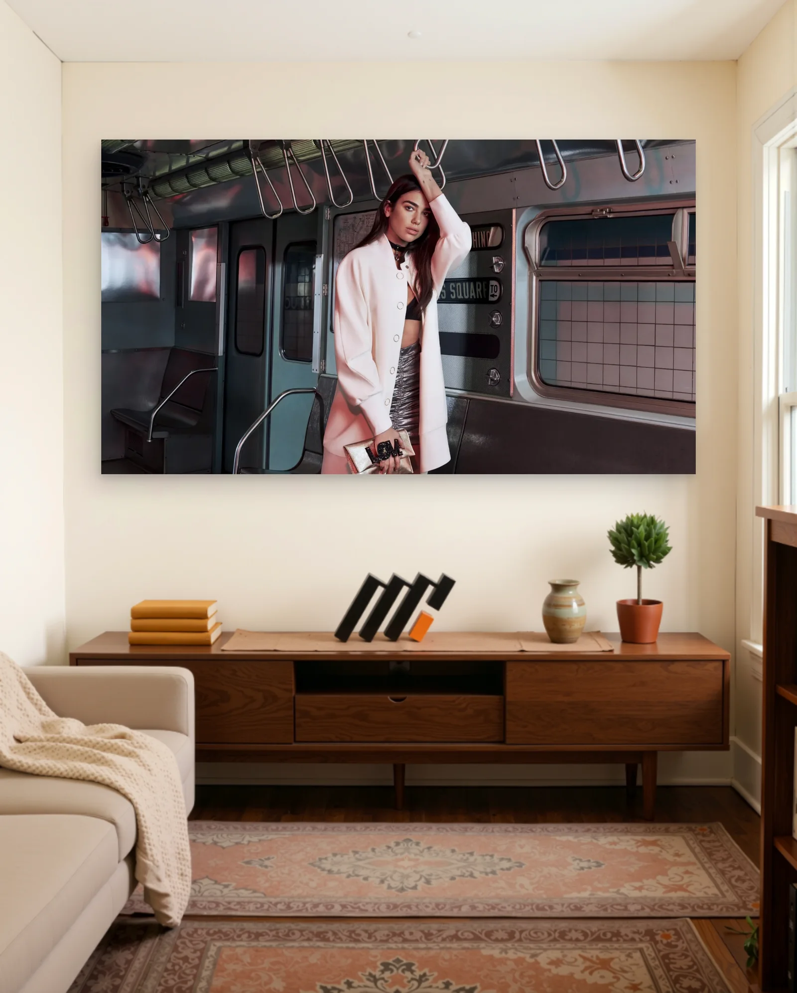 Dua Lipa Subway Train Fashion Poster — framed wall art poster by Memocult