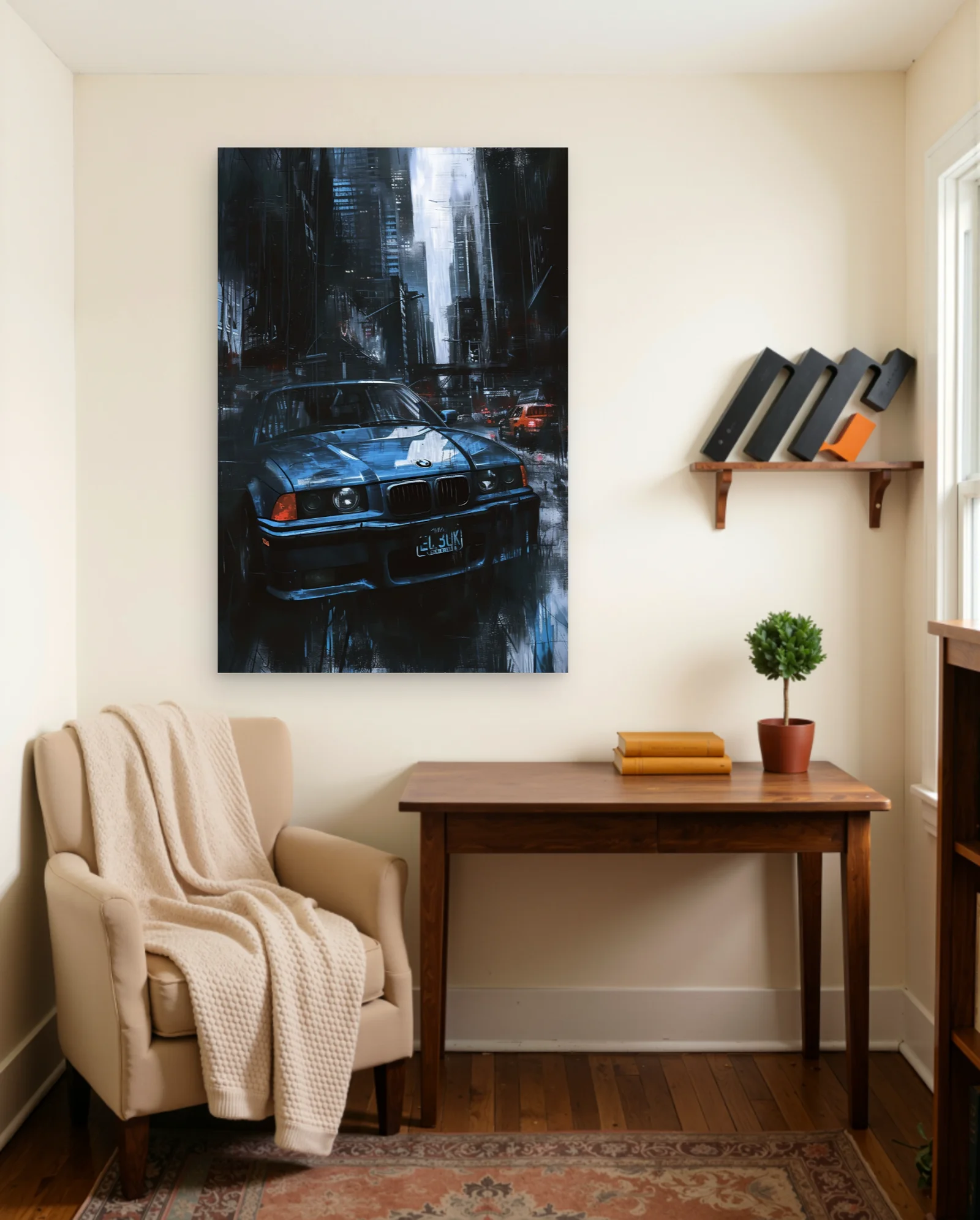BMW E36 M3 Cyberpunk City Rain Poster — framed wall art poster by Memocult