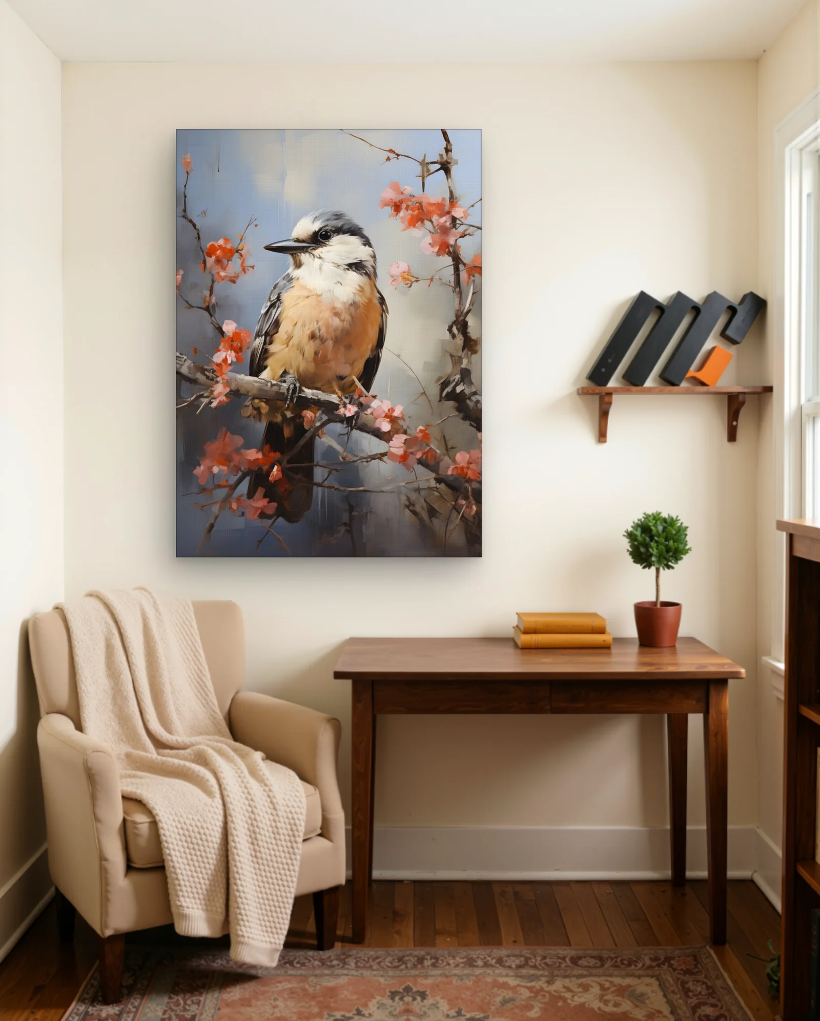 Songbird On Blossoming Branch Wall Art — framed wall art poster by Memocult