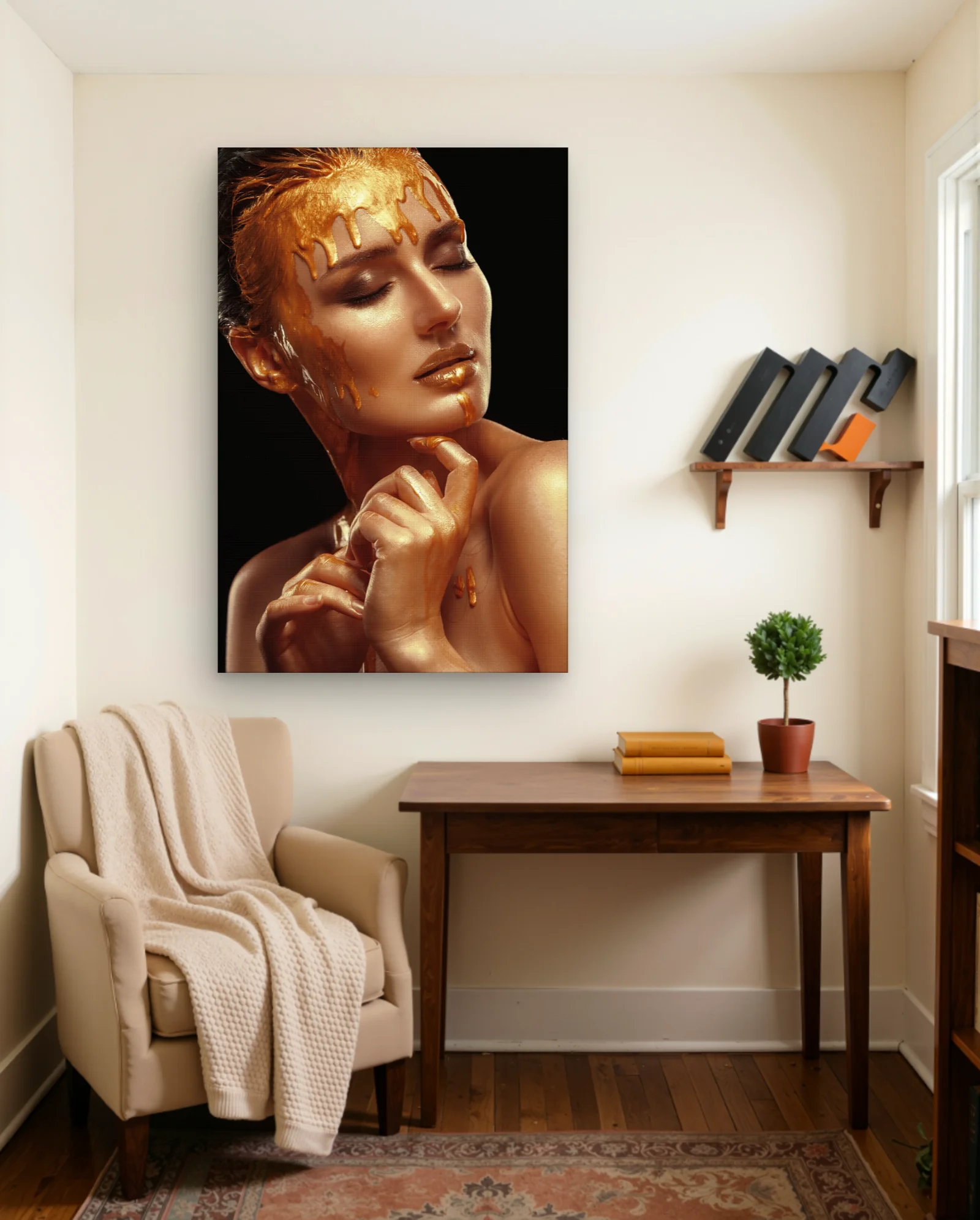 Gold Liquid Drip Face Wall Art — framed wall art poster by Memocult