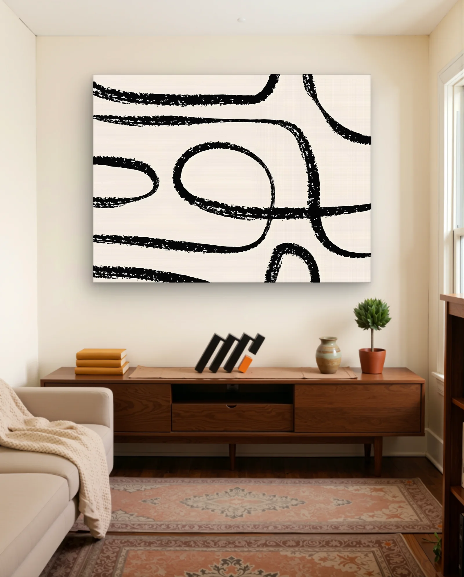 Black Brushstroke Loops Beige Wall Art — framed wall art poster by Memocult