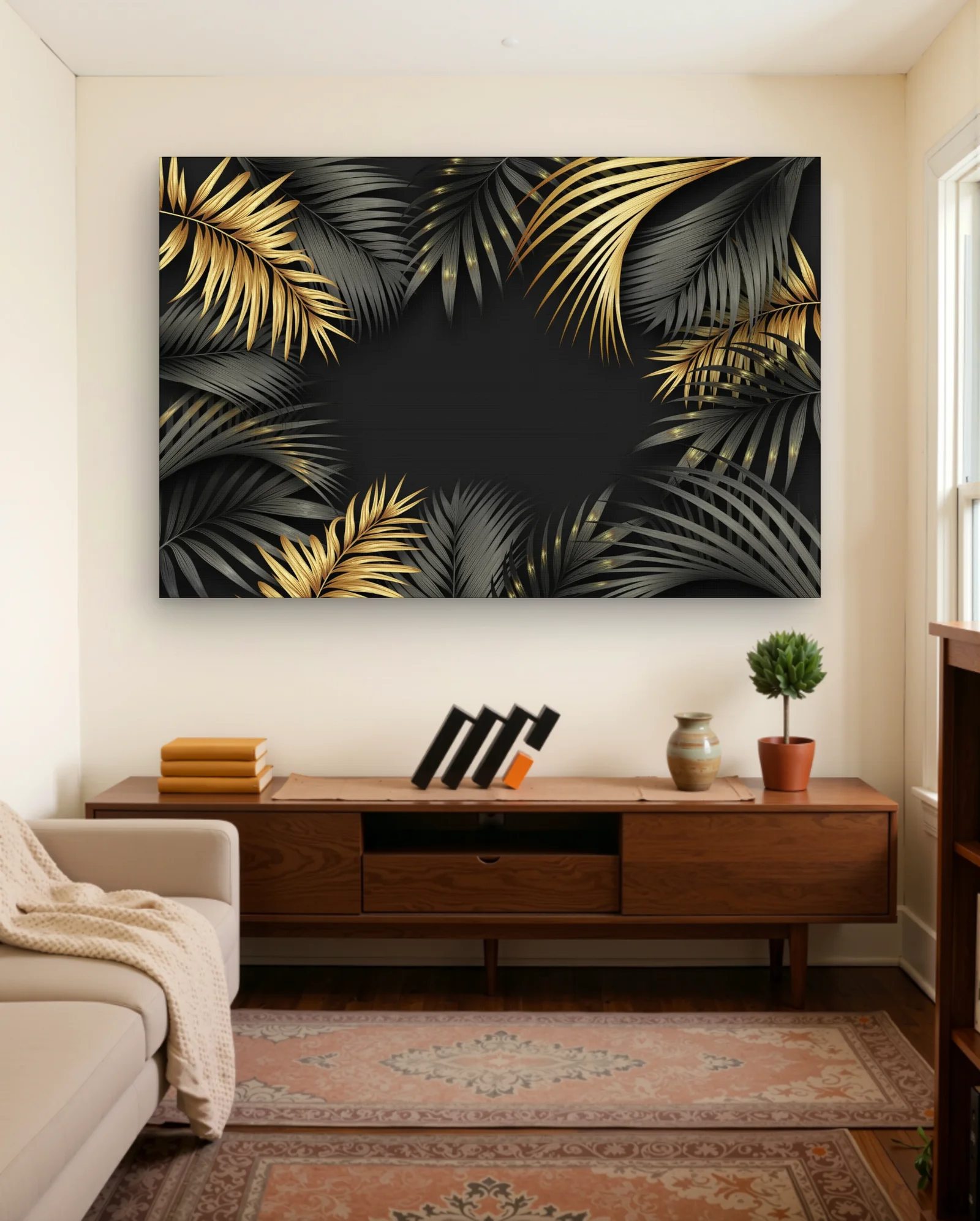 Gold And Charcoal Palm Leaves Wall Art — framed wall art poster by Memocult