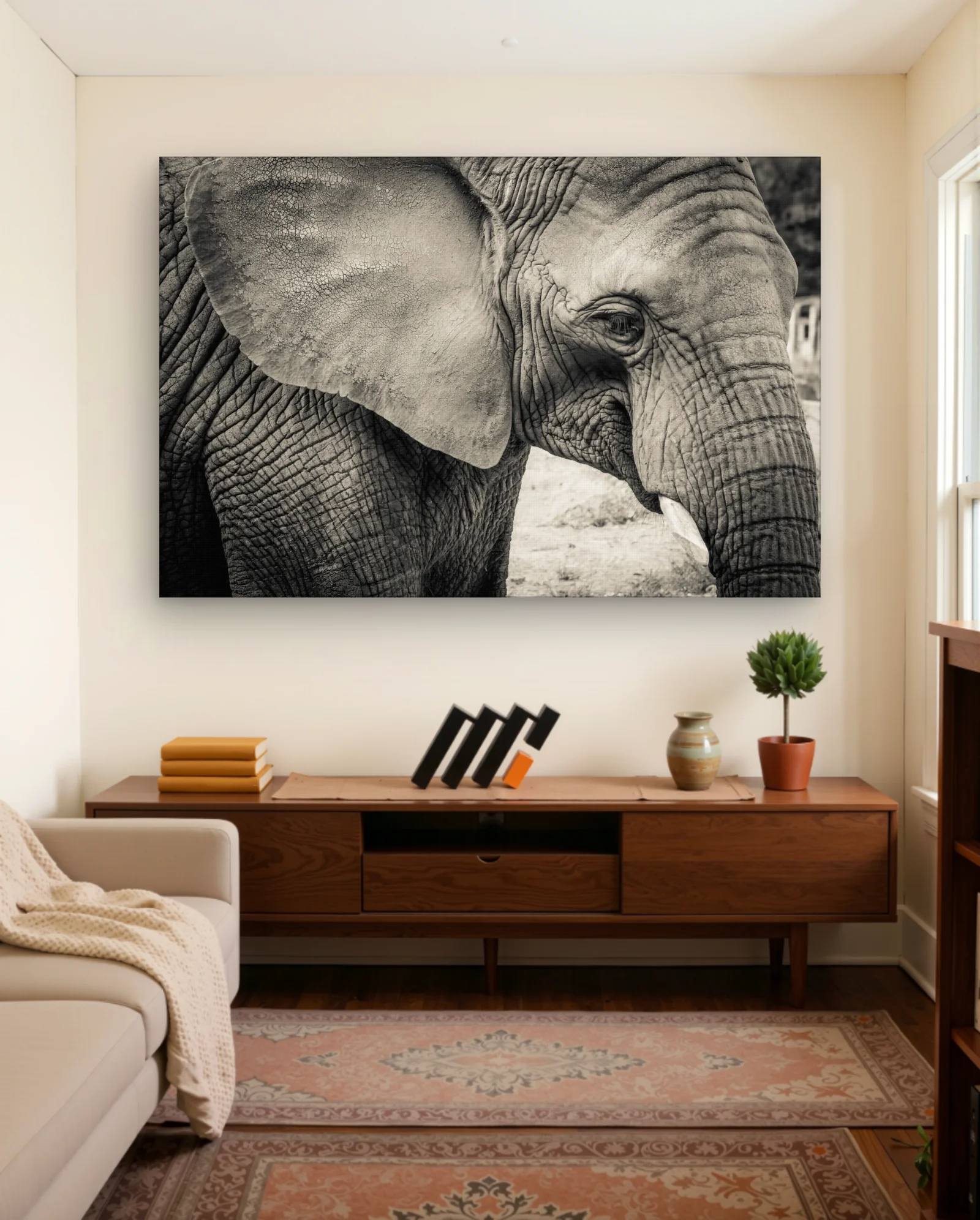 Elephant Profile With Large Ear Wall Art — framed wall art poster by Memocult