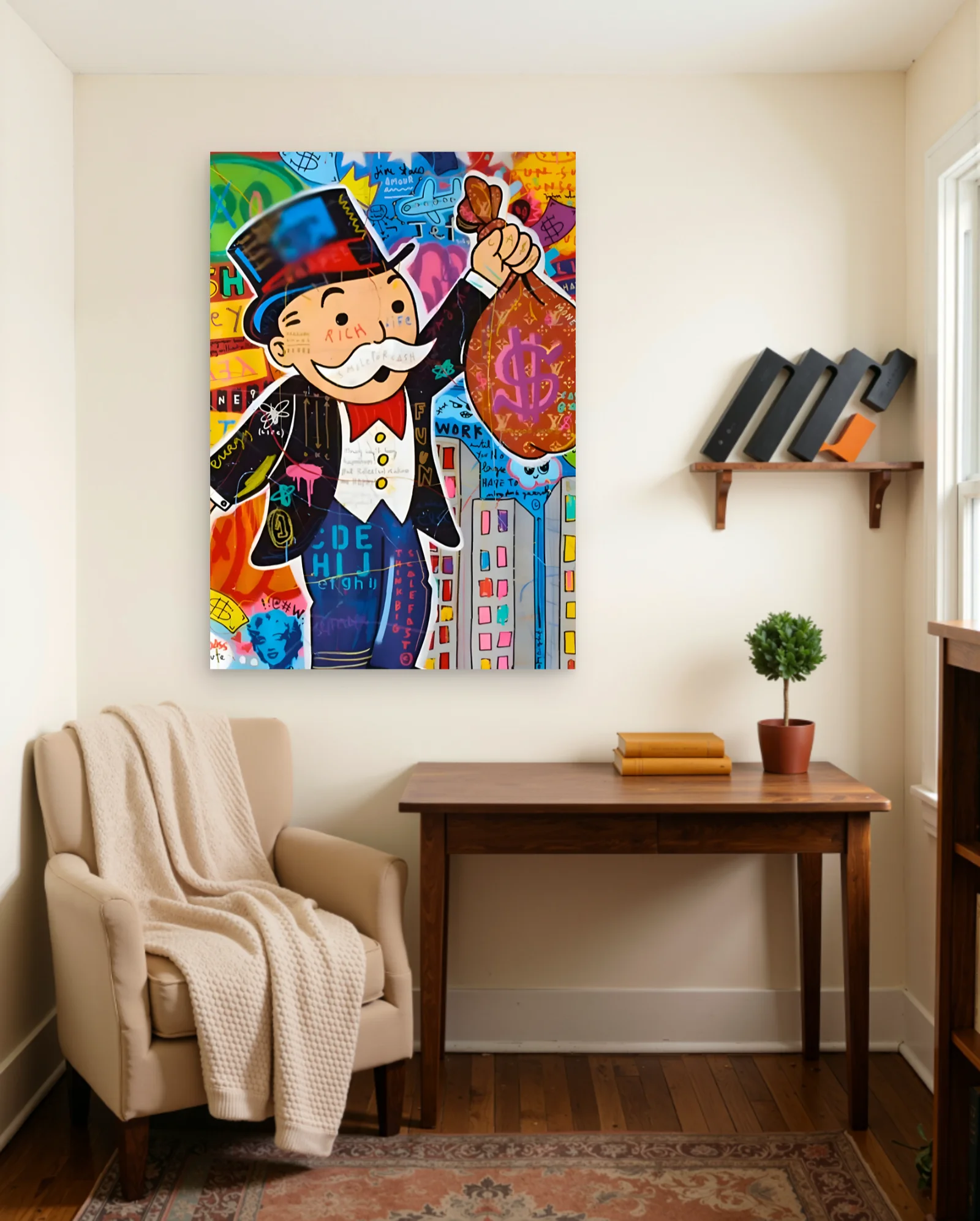 Monopoly Man With Money Bag Poster — framed wall art poster by Memocult