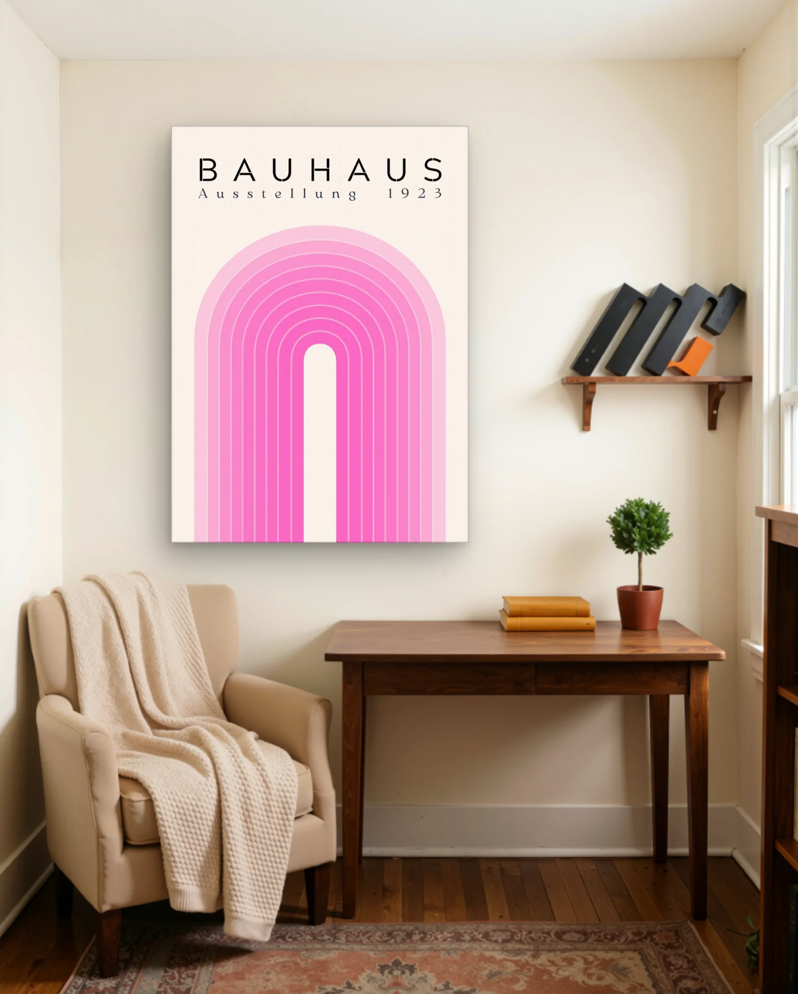 Bauhaus 1923 Pink Concentric Arch Wall Art — framed wall art poster by Memocult