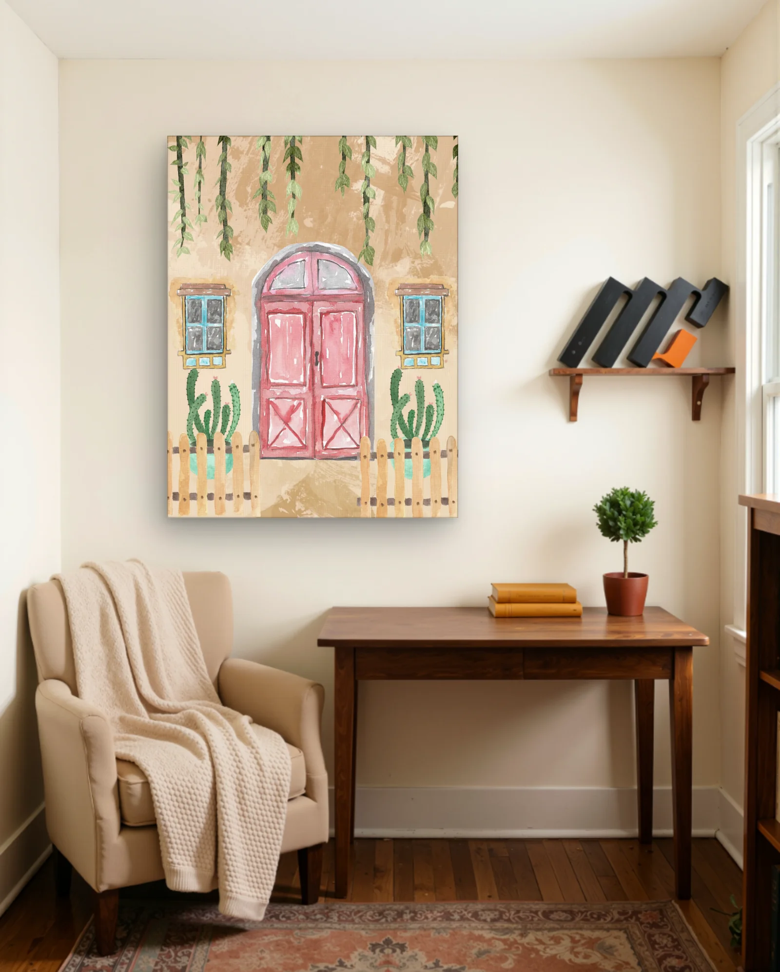 Pink Arched Doorway With Vines And Cacti Wall Art — framed wall art poster by Memocult
