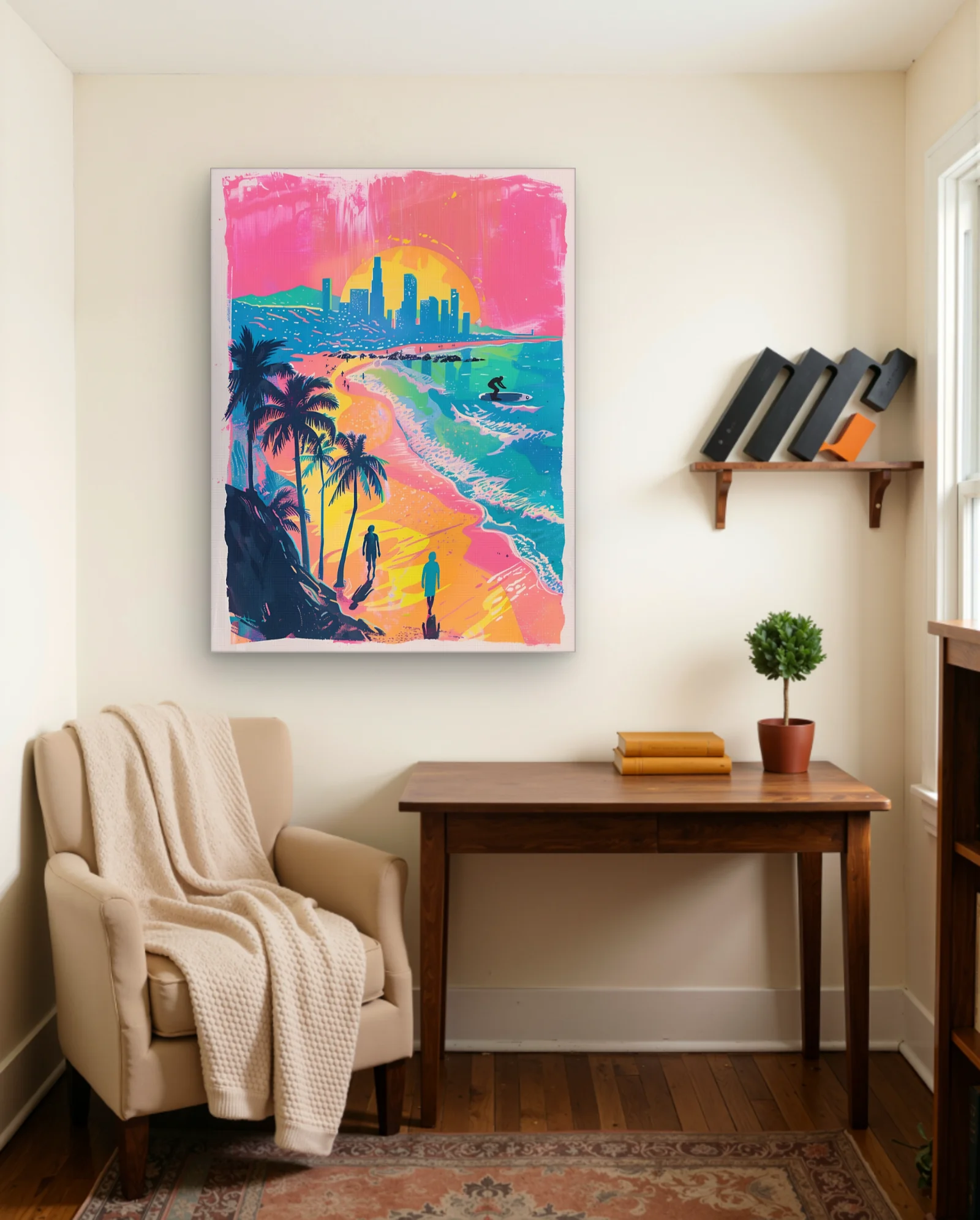 Neon Sunset Coastal Skyline Surfer Palm Trees Wall Art — Modern Digital Art abstract & modern wall art poster