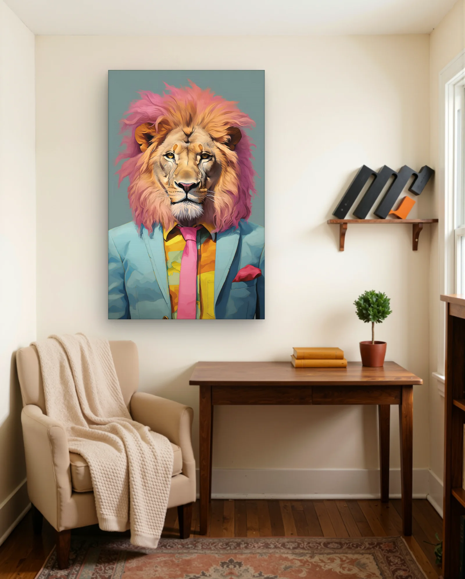 Lion With Pink Mane In Suit Wall Art — framed wall art poster by Memocult