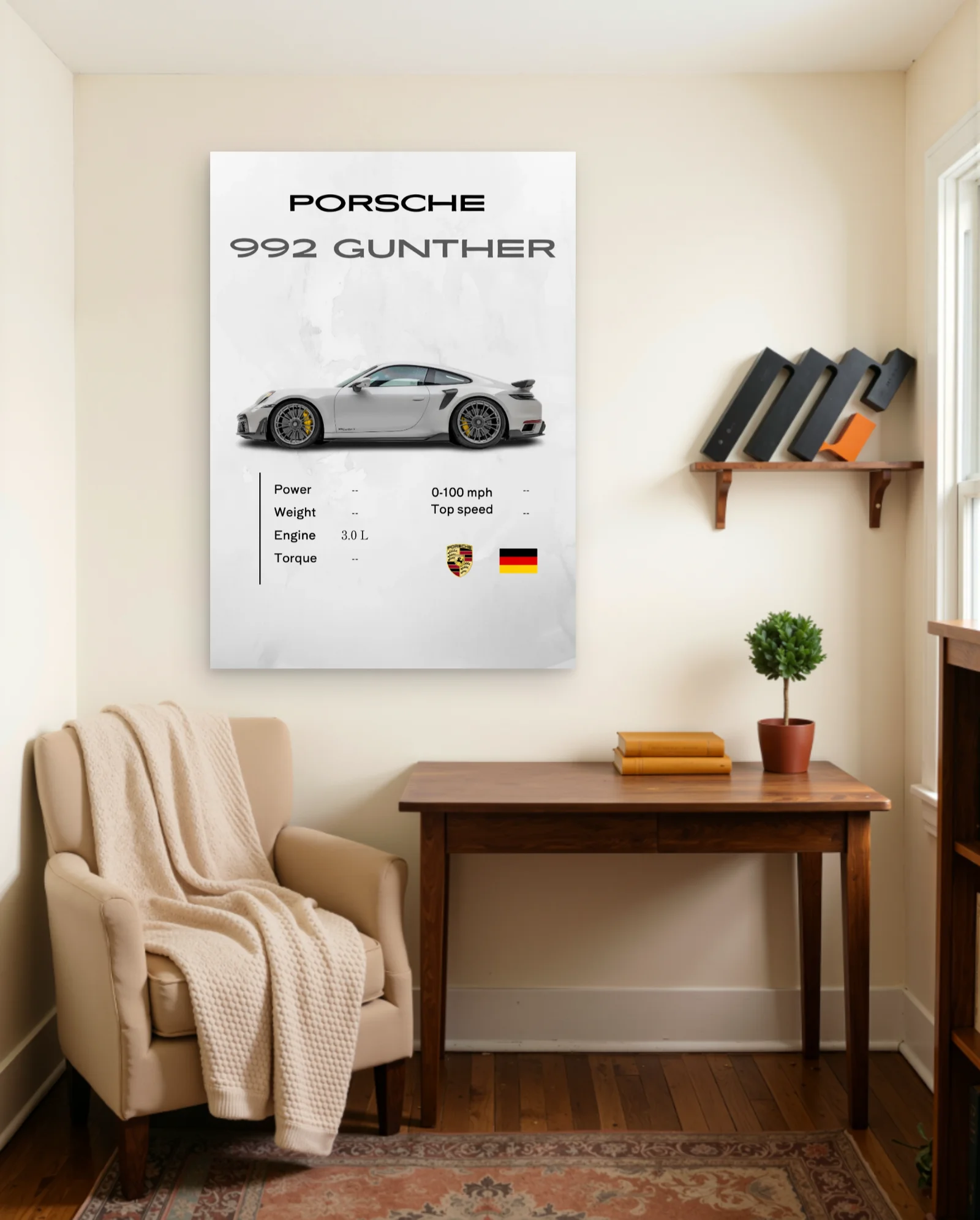 Porsche 992 Gunther White Poster — framed wall art poster by Memocult