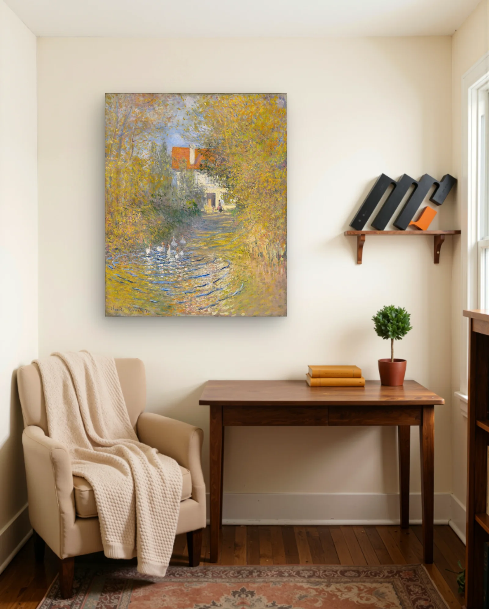 Autumn Riverbank Ducks Cottage Wall Art — framed wall art poster by Memocult