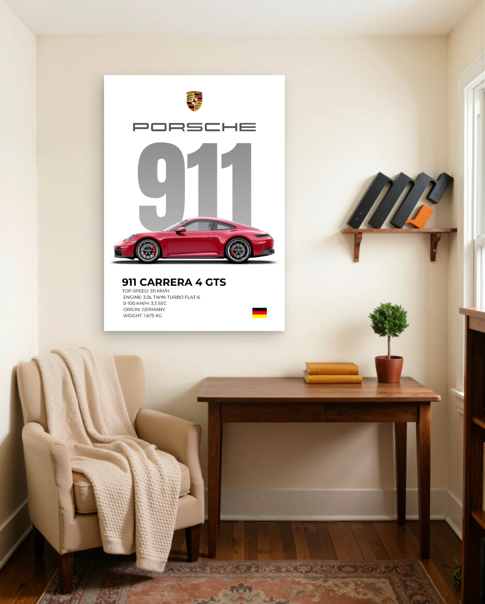 Porsche 911 Carrera 4 GTS Red Poster — framed wall art poster by Memocult