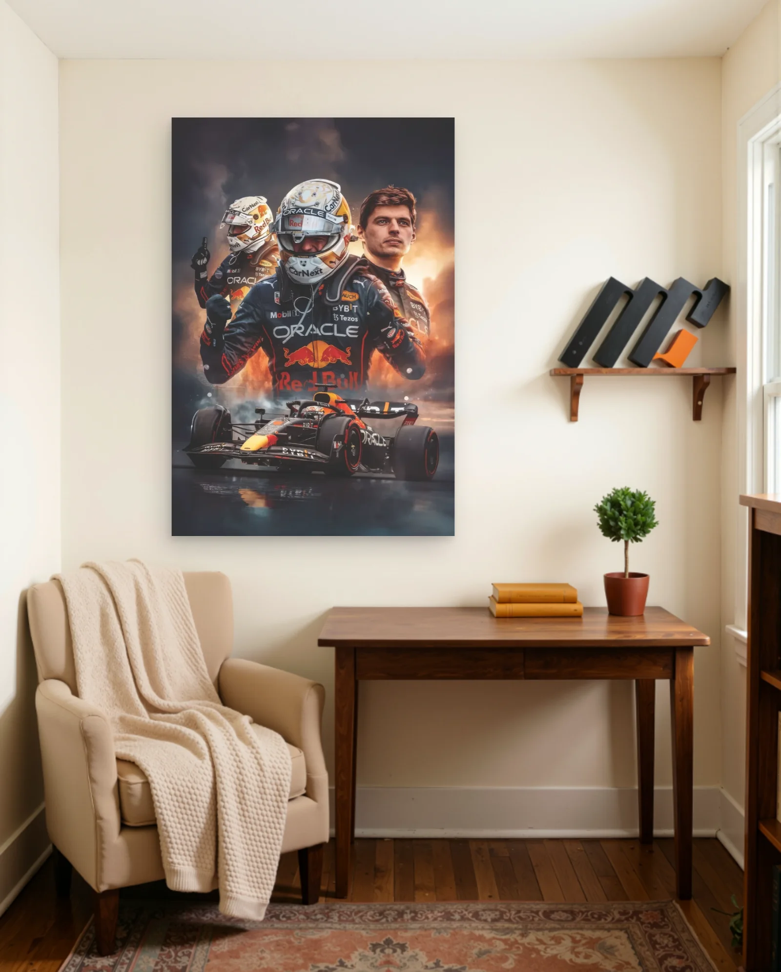 Max Verstappen And Red Bull F1 Car Poster — framed wall art poster by Memocult