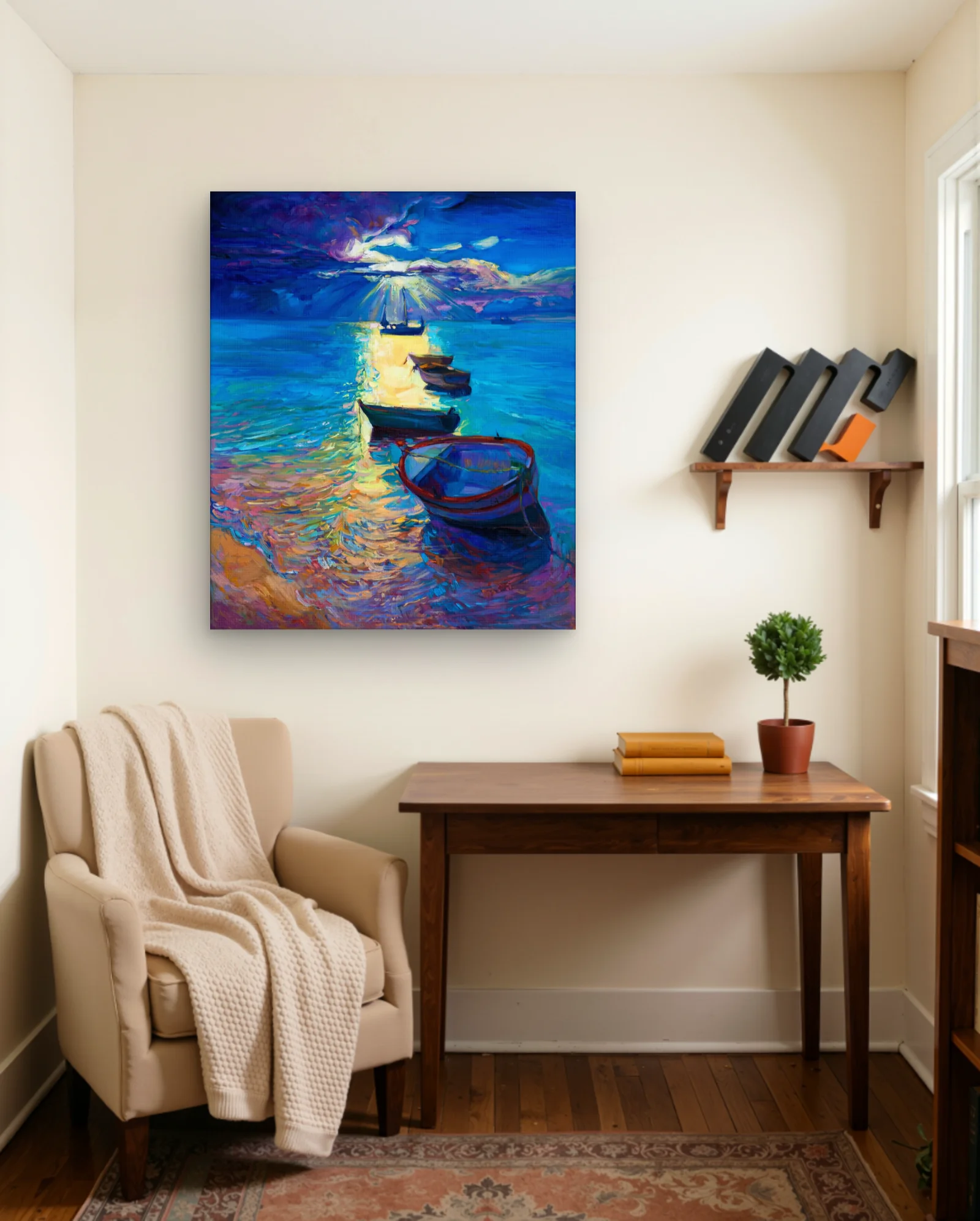 Rowboats Toward Sunbeam Wall Art — framed wall art poster by Memocult