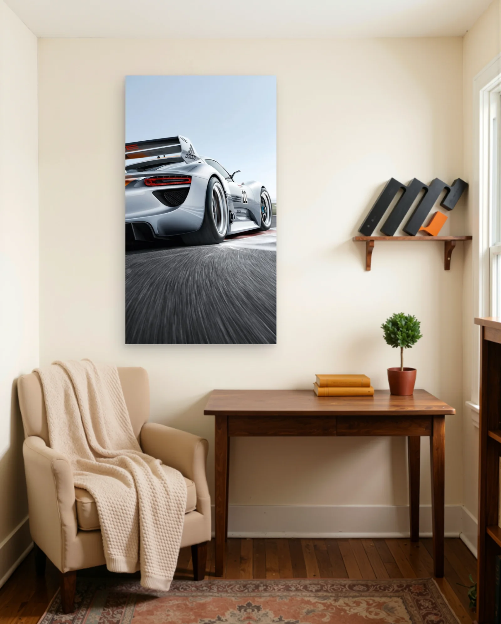 Porsche 918 Spyder Silver Track Poster — framed wall art poster by Memocult