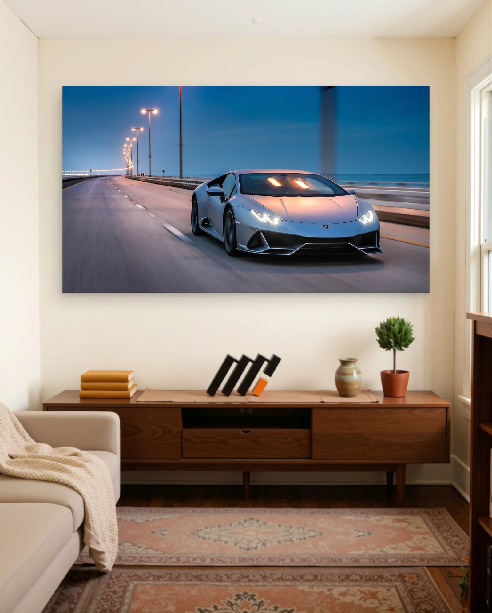 Silver Lamborghini Huracan Dusk Drive Poster — framed wall art poster by Memocult