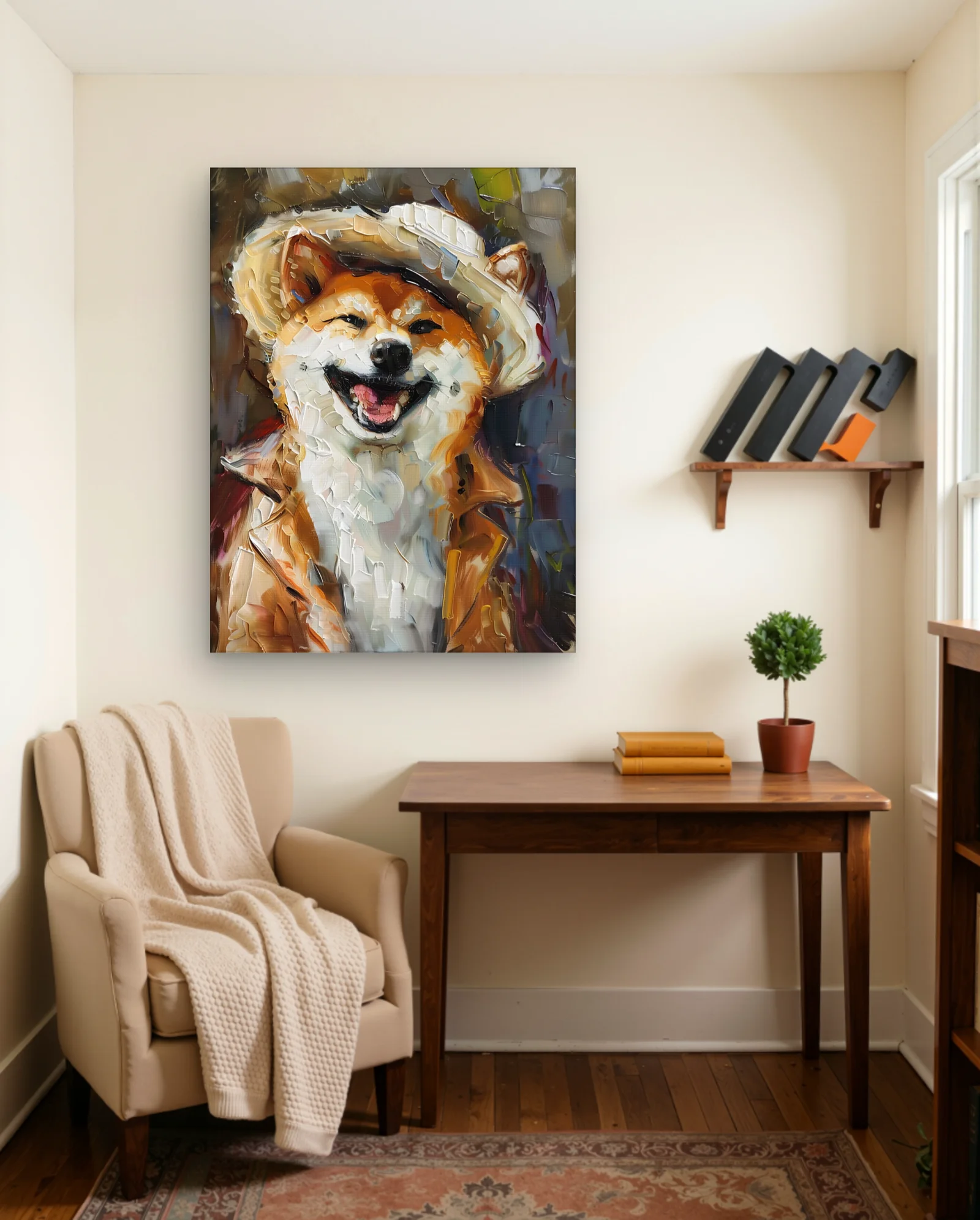 Shiba Inu Smiling Hat Wall Art — framed wall art poster by Memocult