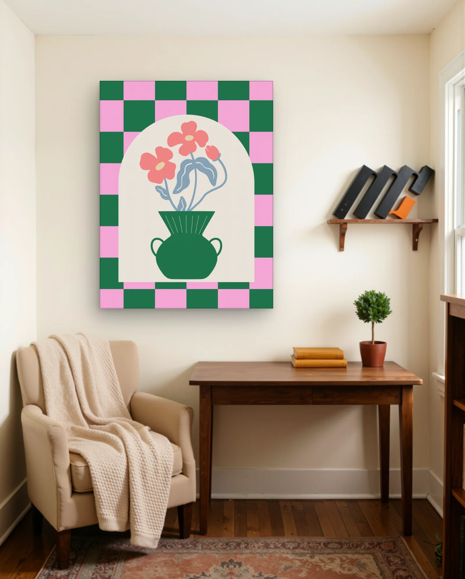 Green Vase Coral Flowers Arch Wall Art — Modern Digital Art abstract & modern wall art poster