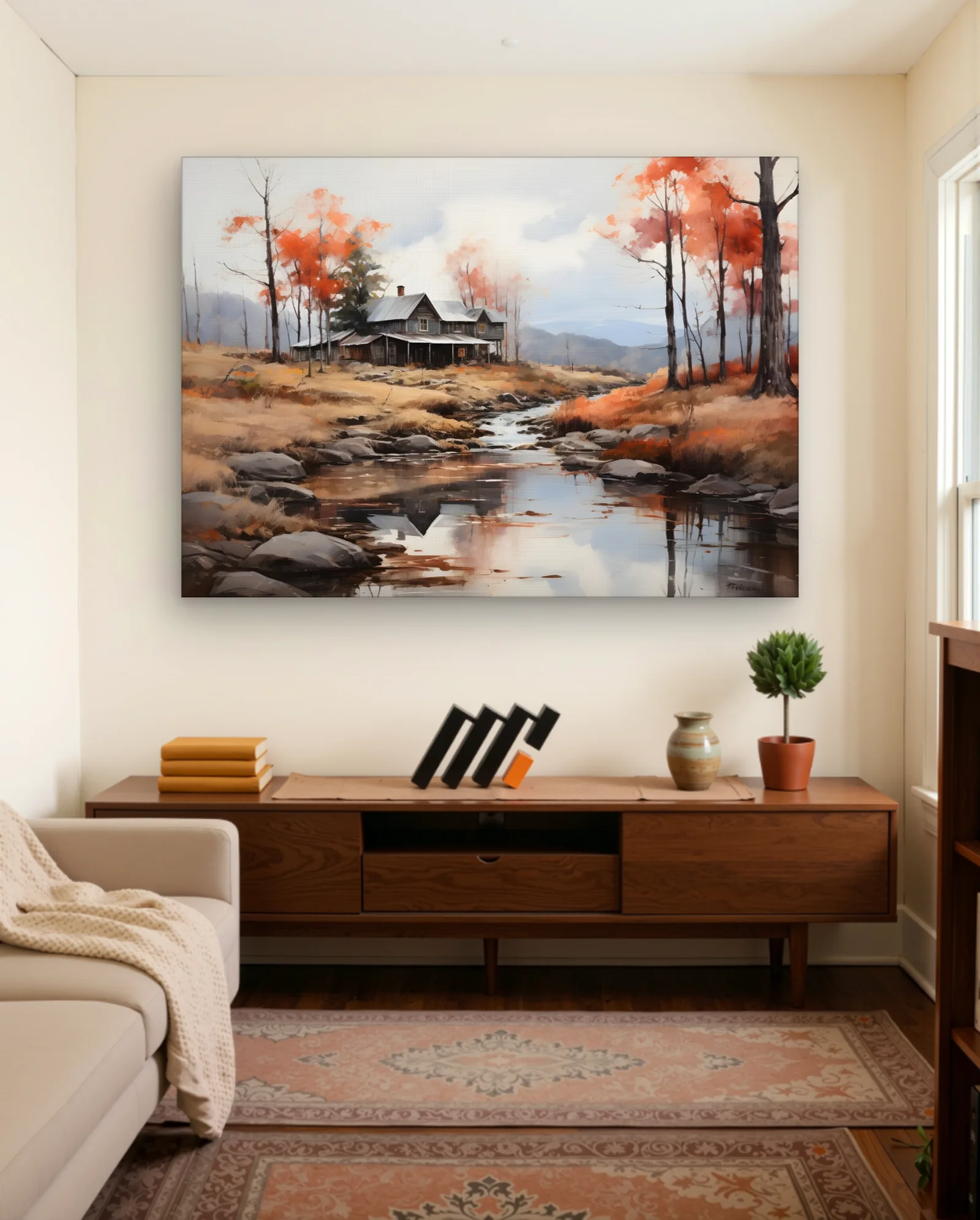 Autumn Homestead By Stream Wall Art — Modern Digital Art abstract & modern wall art poster
