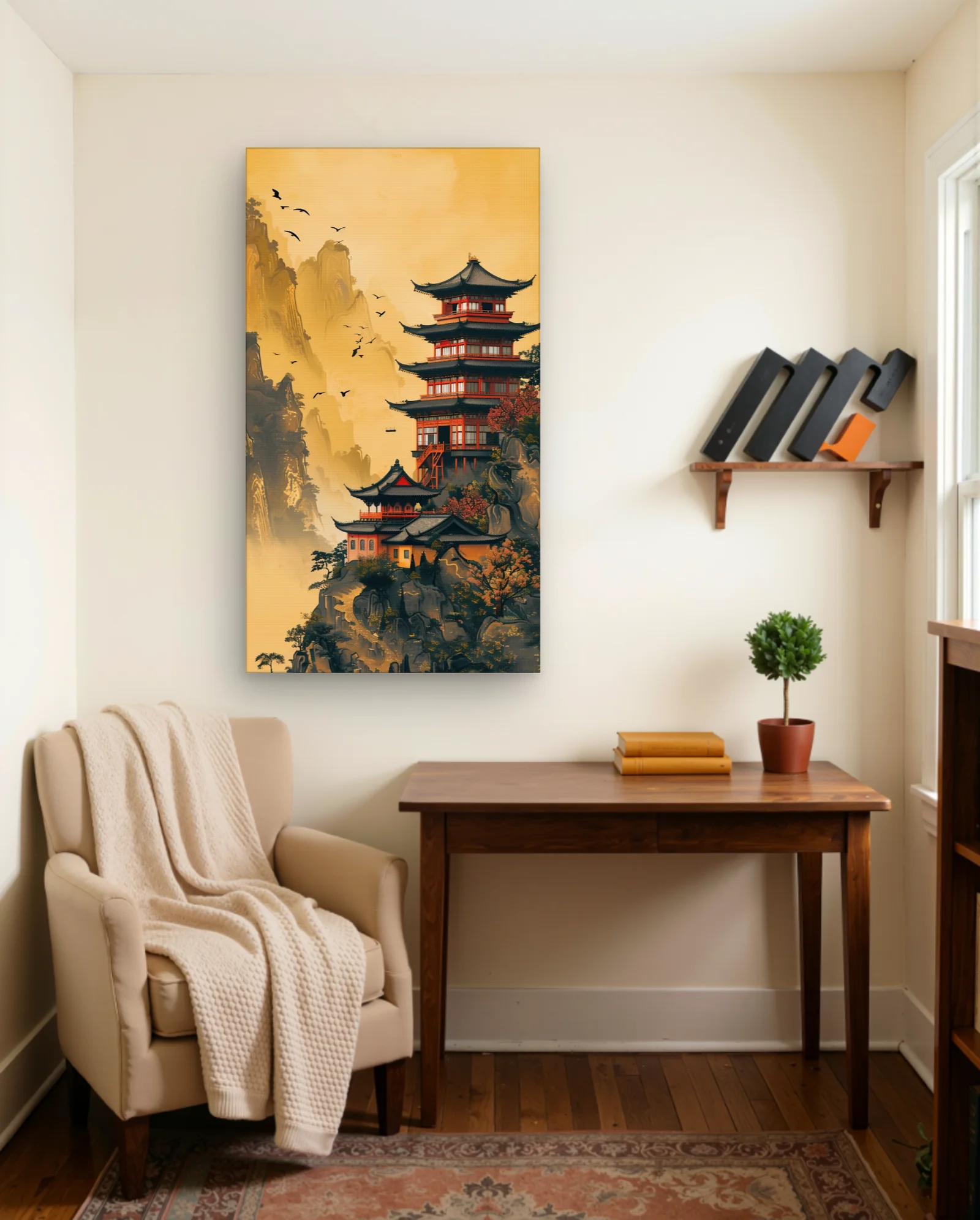 Crimson Multi-Tier Pagoda In Golden Mist Art Print — framed wall art poster by Memocult